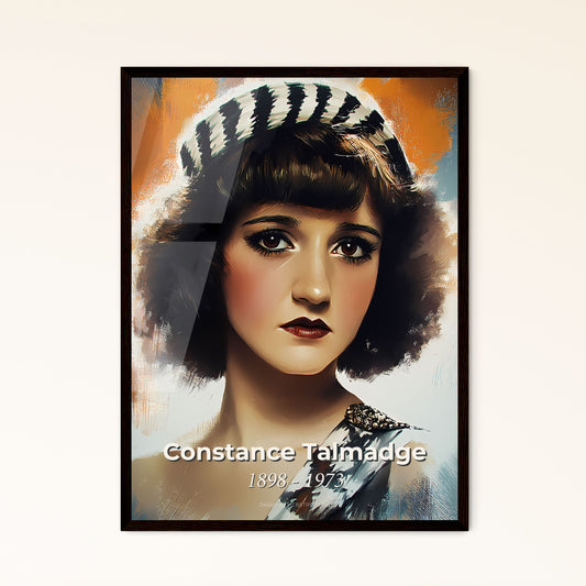 Portrait of Constance Talmadge, 1898 - 1973. Impressionistic painting of a woman with short hair wearing a striped hat.