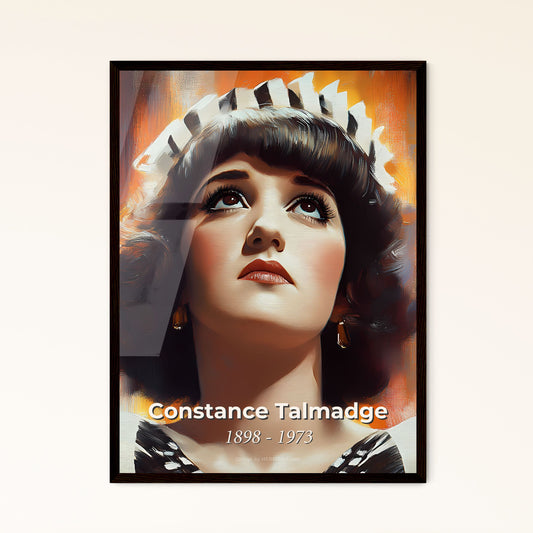 Portrait of Constance Talmadge, 1898 - 1973. Impressionistic painting of a woman looking up with a white and black crown.