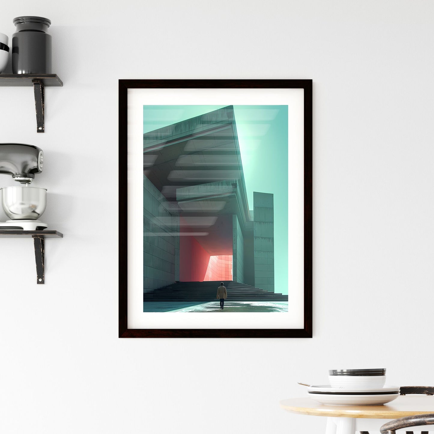 Geometric Shapes, Clean Lines, Vibrant Painting, Modern Art, Abstract Expressionism, Human Figure, Building, Architecture, Perspective Default Title