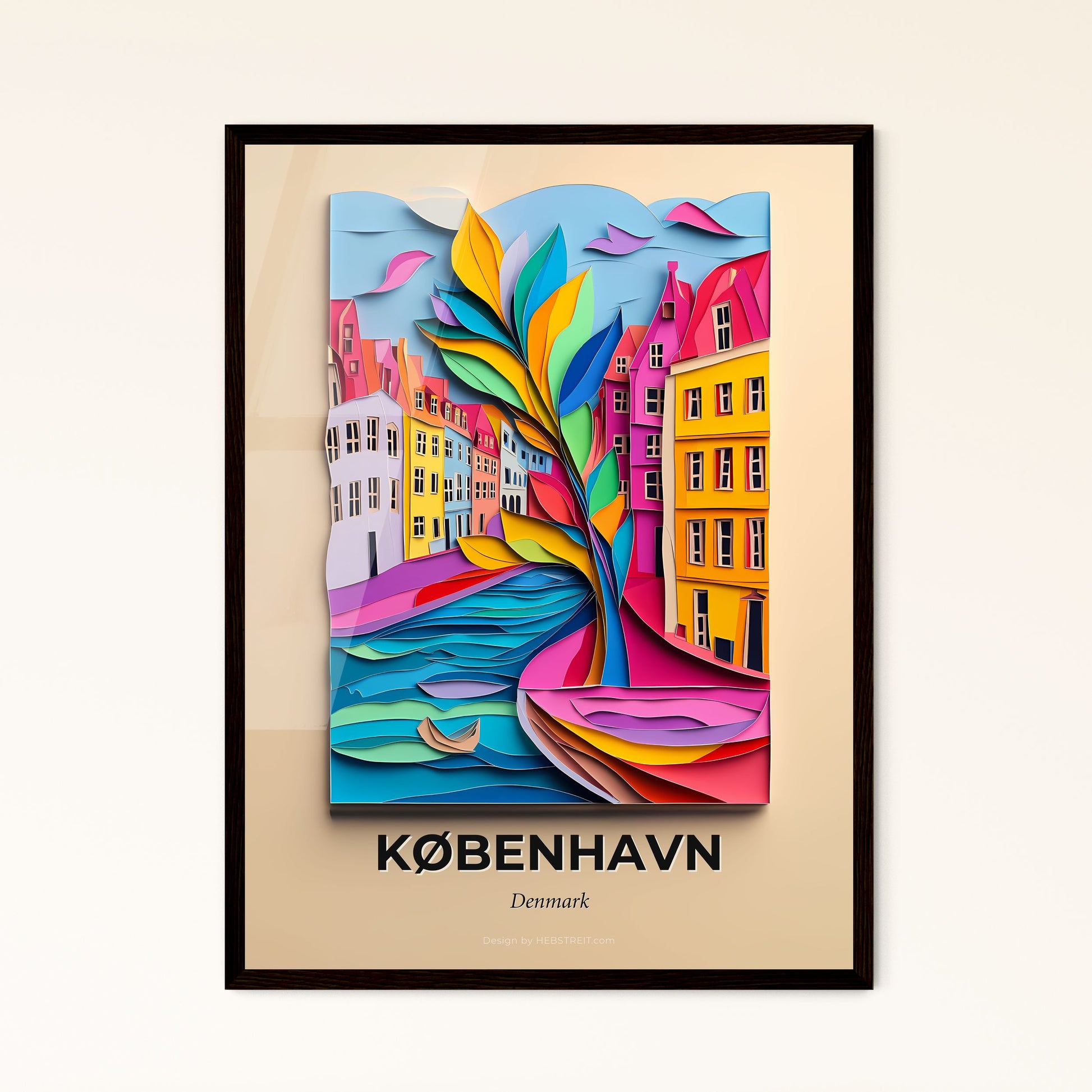 Vivid Copenhagen, Denmark - a colorful paper cut of a city with a boat