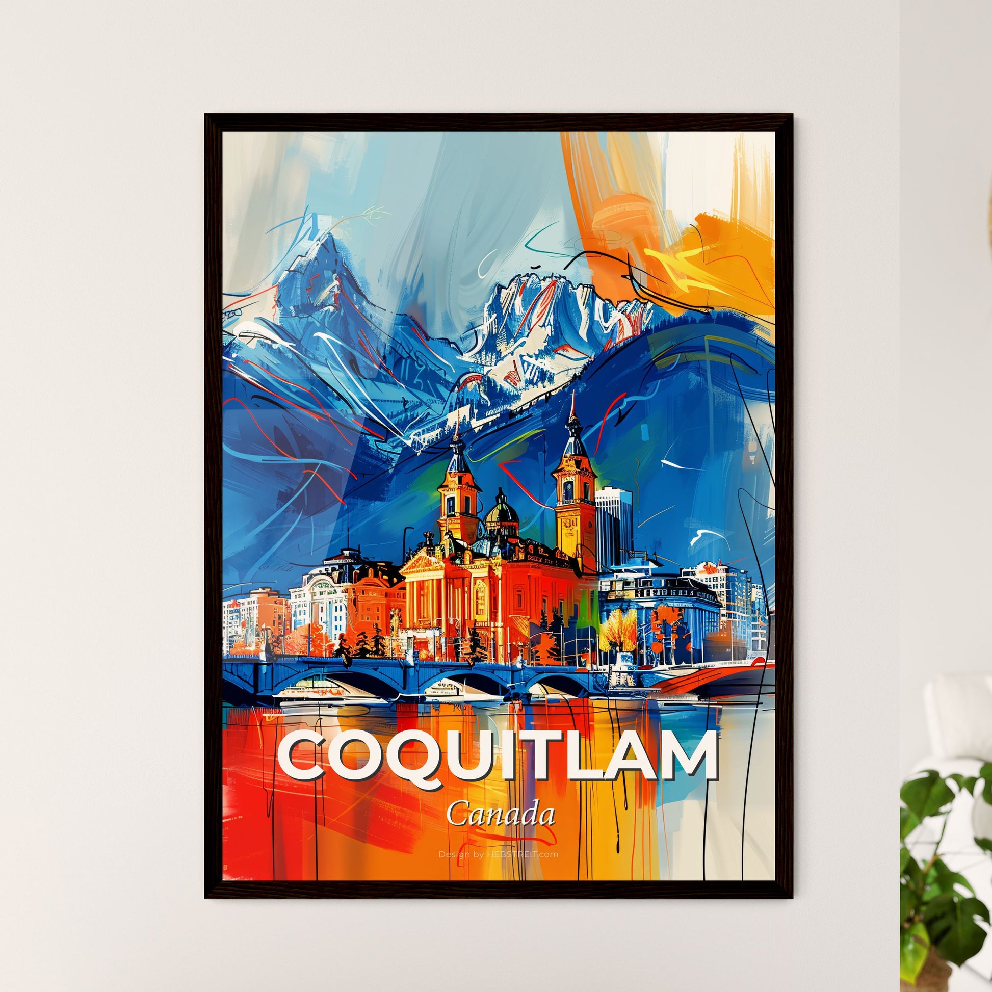 Vibrant Coquitlam, Canada - A Painting Of A City With A Bridge Over Water And Mountains