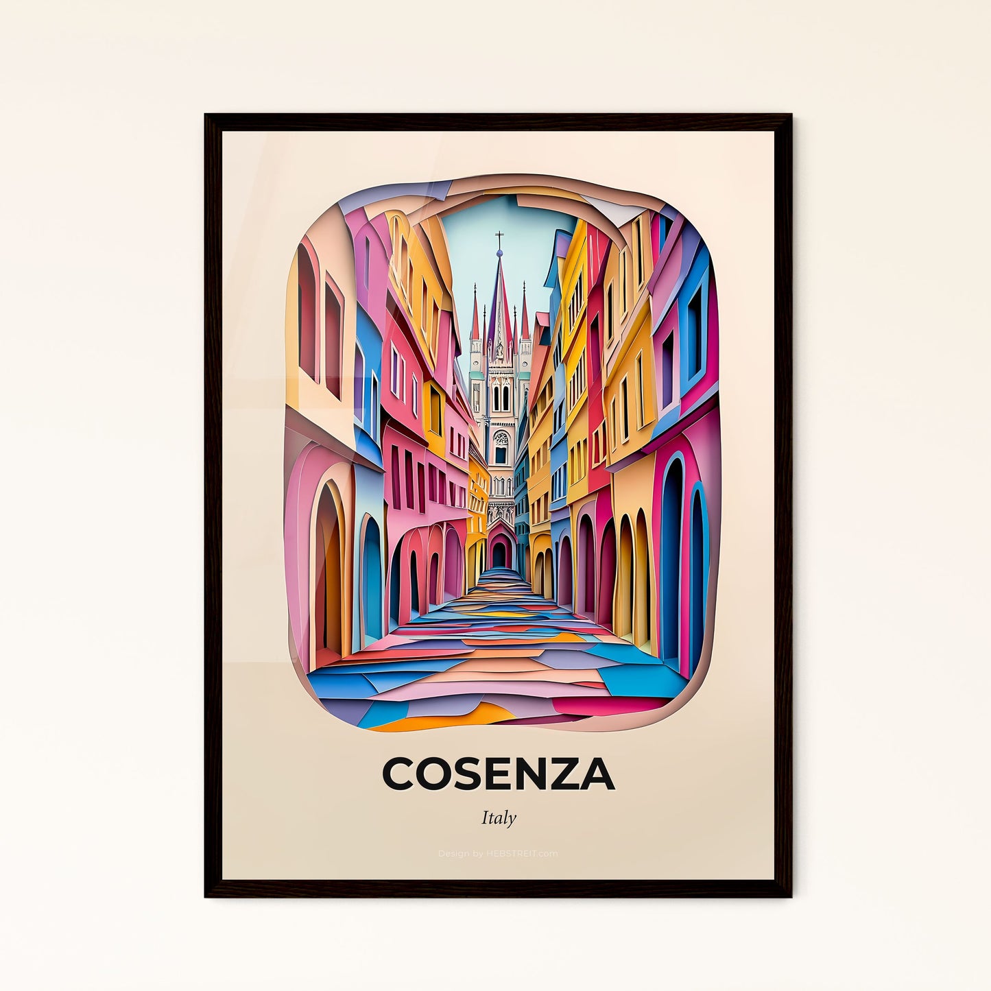 Vivid Cosenza, Italy - a colorful city street with a clock tower in the background