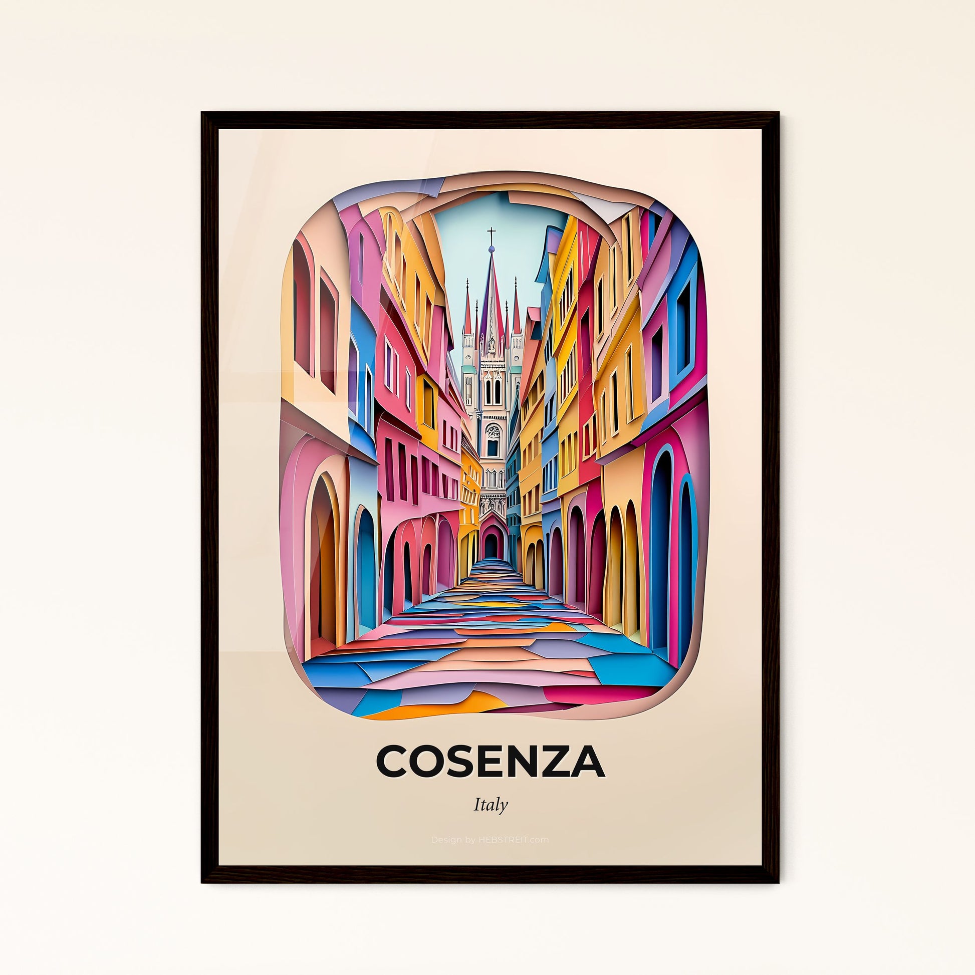 Vivid Cosenza, Italy - a colorful city street with a clock tower in the background