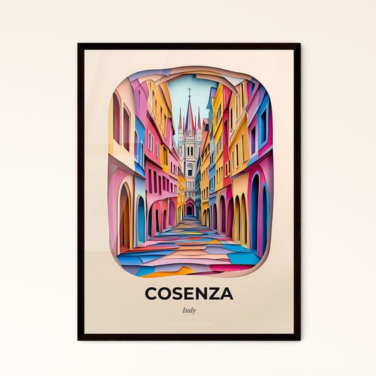 Vivid Cosenza, Italy - a colorful city street with a clock tower in the background