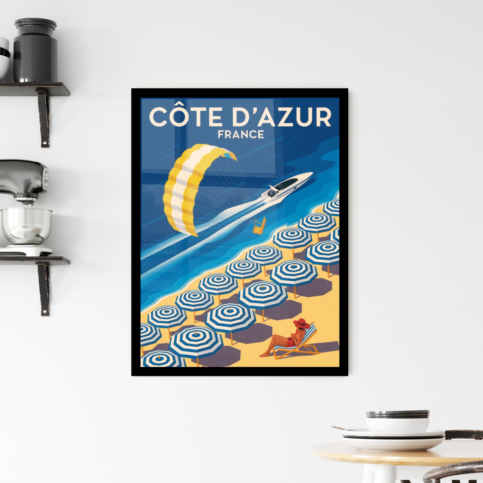 “Côte d'Azur, France: A Vibrant Beach Scene with Parasailing and Colorful Umbrellas” Framed Print