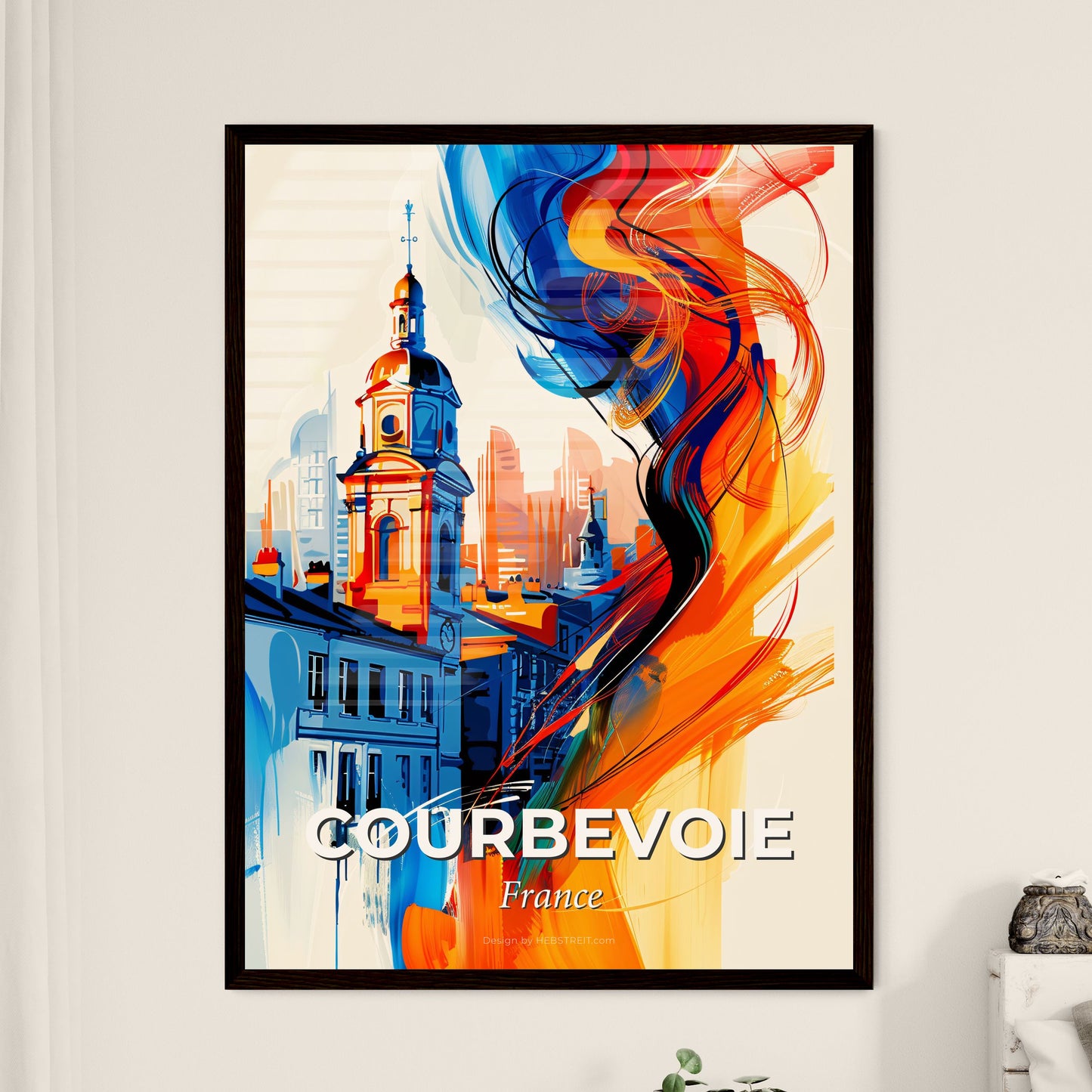 Vibrant Courbevoie, France - A Painting Of A Building With A Tower And A Colorful Wave