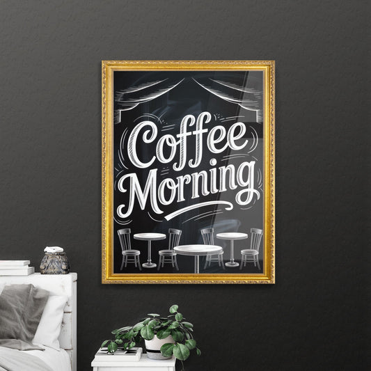 Cozy Coffee Morning with Vintage Café Tables and Handwritten Typography on Chalkboard Background