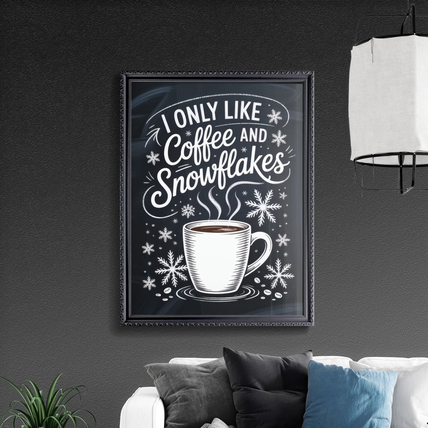 Cozy Coffee and Snowflakes Illustration for Winter-Themed Decor or Merchandise.
