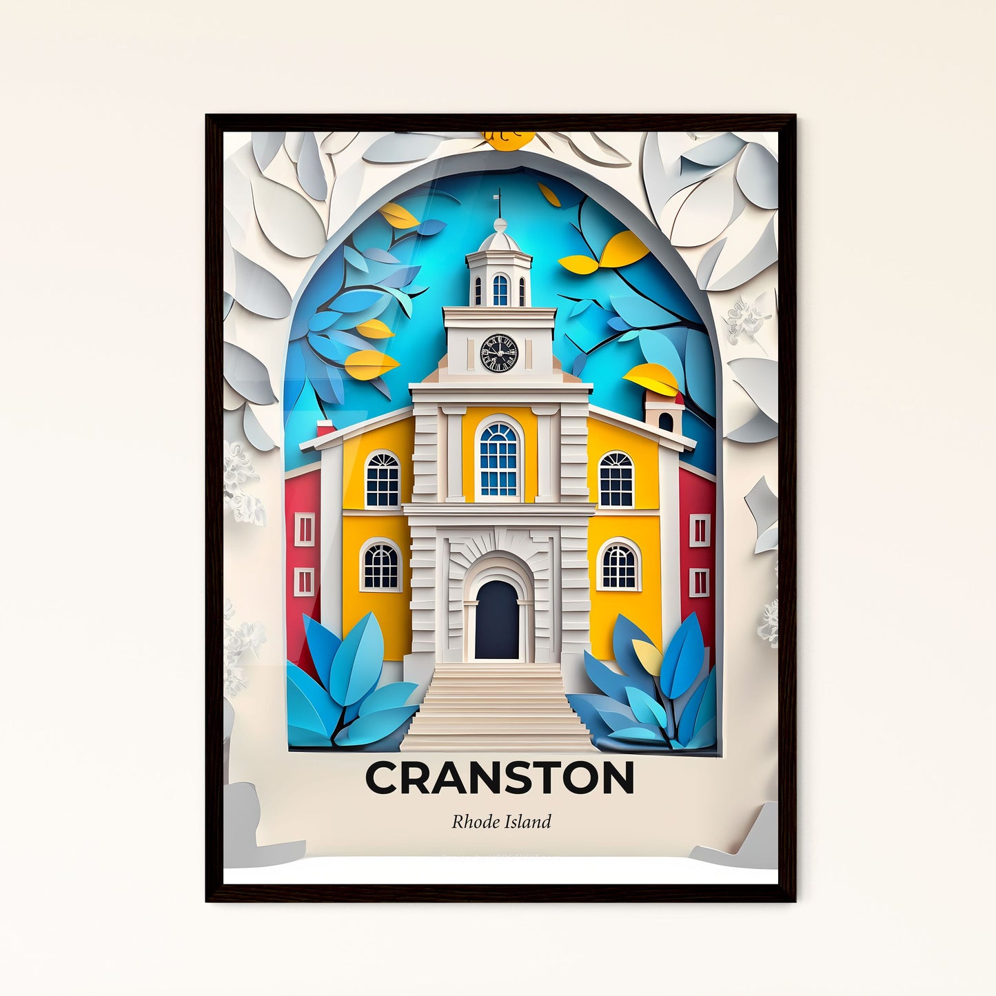 Vivid Cranston, Rhode Island - a church with a clock tower in a paper cut style