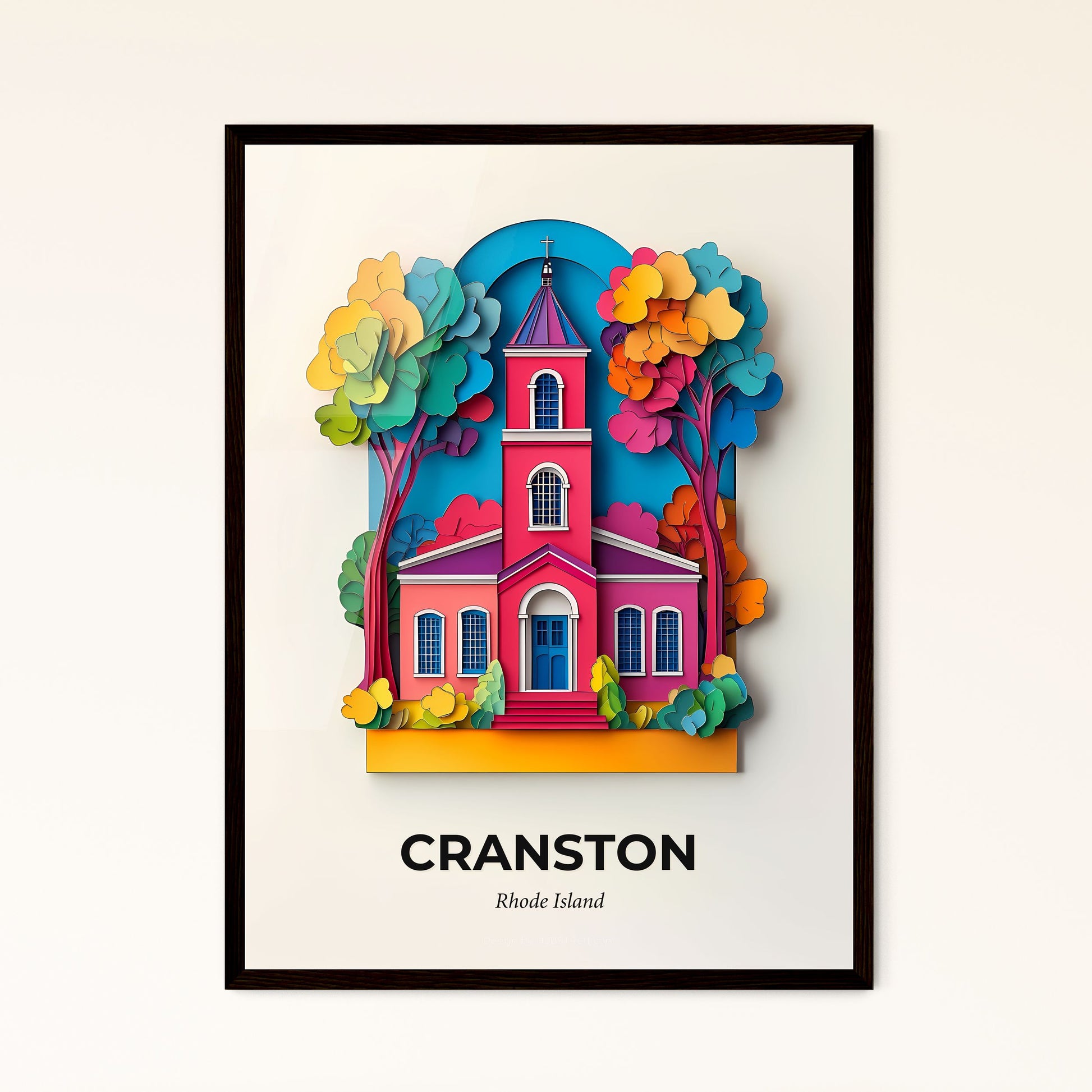 Vivid Cranston, Rhode Island - a paper cut of a church with trees and flowers