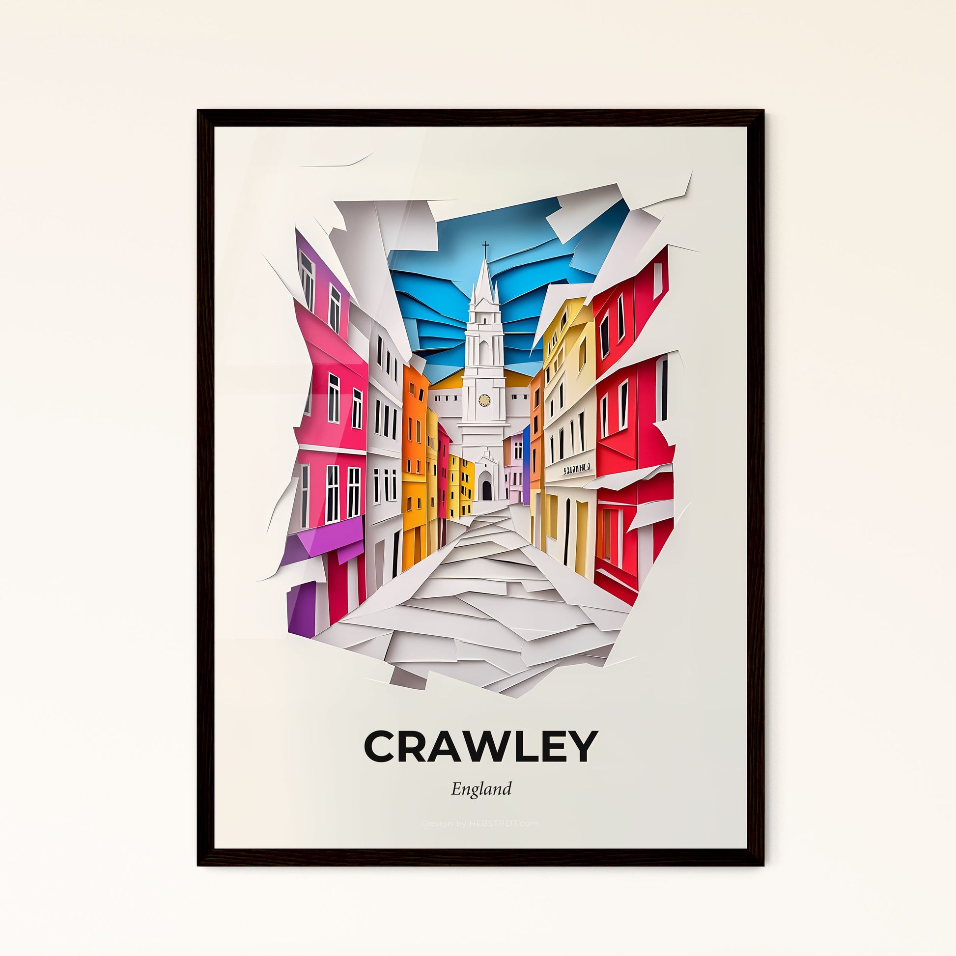 Vivid Crawley, England - a paper cut of a city street with a clock tower