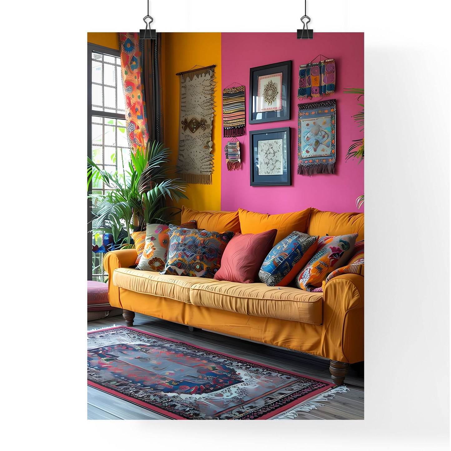 Colorful Bangladeshi Boho Art Painting: Couch with Pillows in Vibrant Pink Room with Rug Default Title