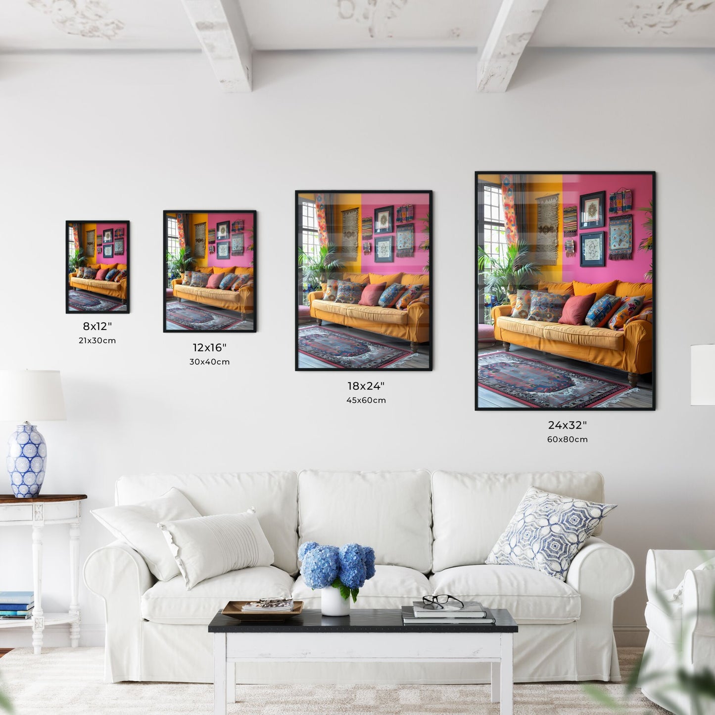 Colorful Bangladeshi Boho Art Painting: Couch with Pillows in Vibrant Pink Room with Rug Default Title