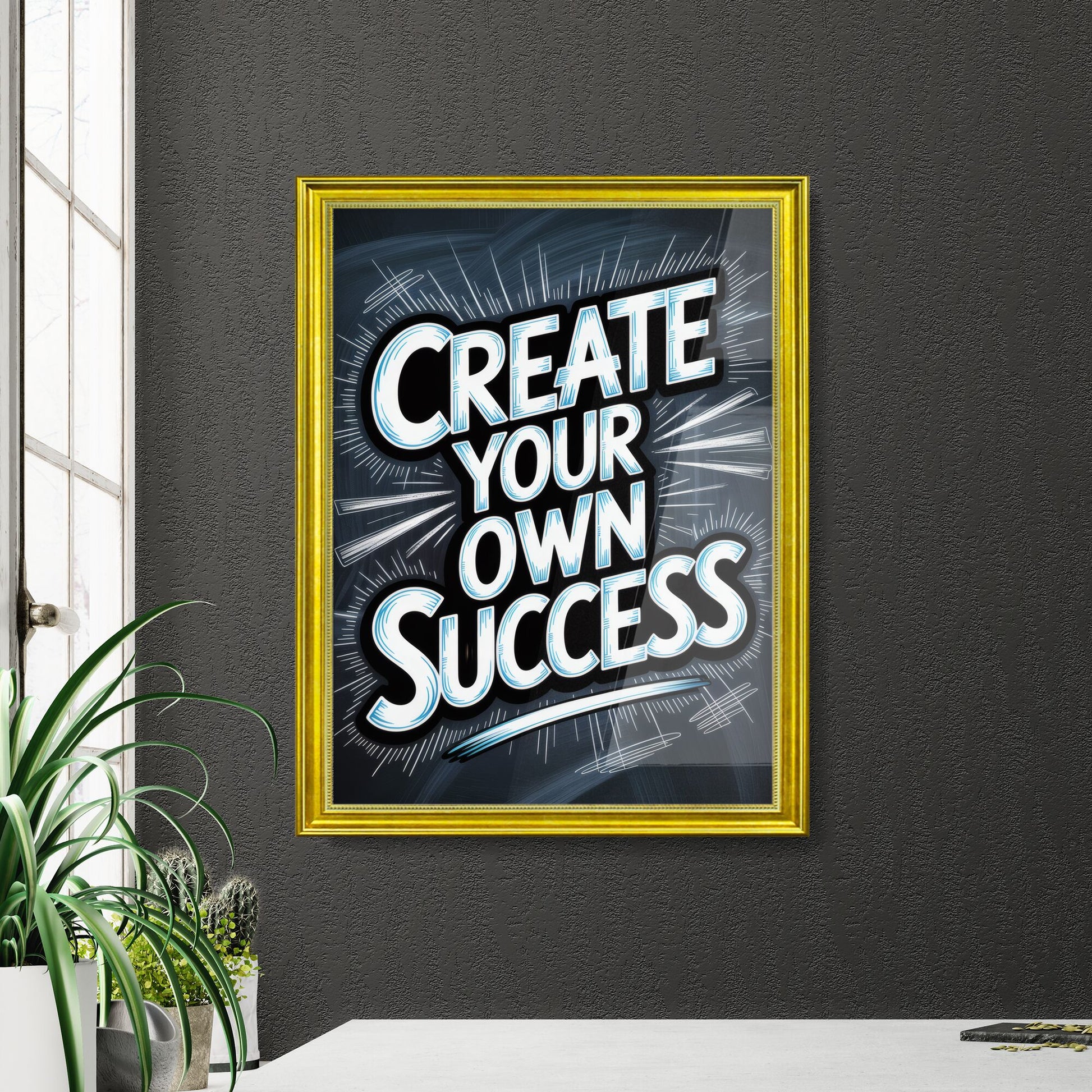 Create Your Own Success: Inspirational Typography on a Dark Background for Motivation and Empowerment.