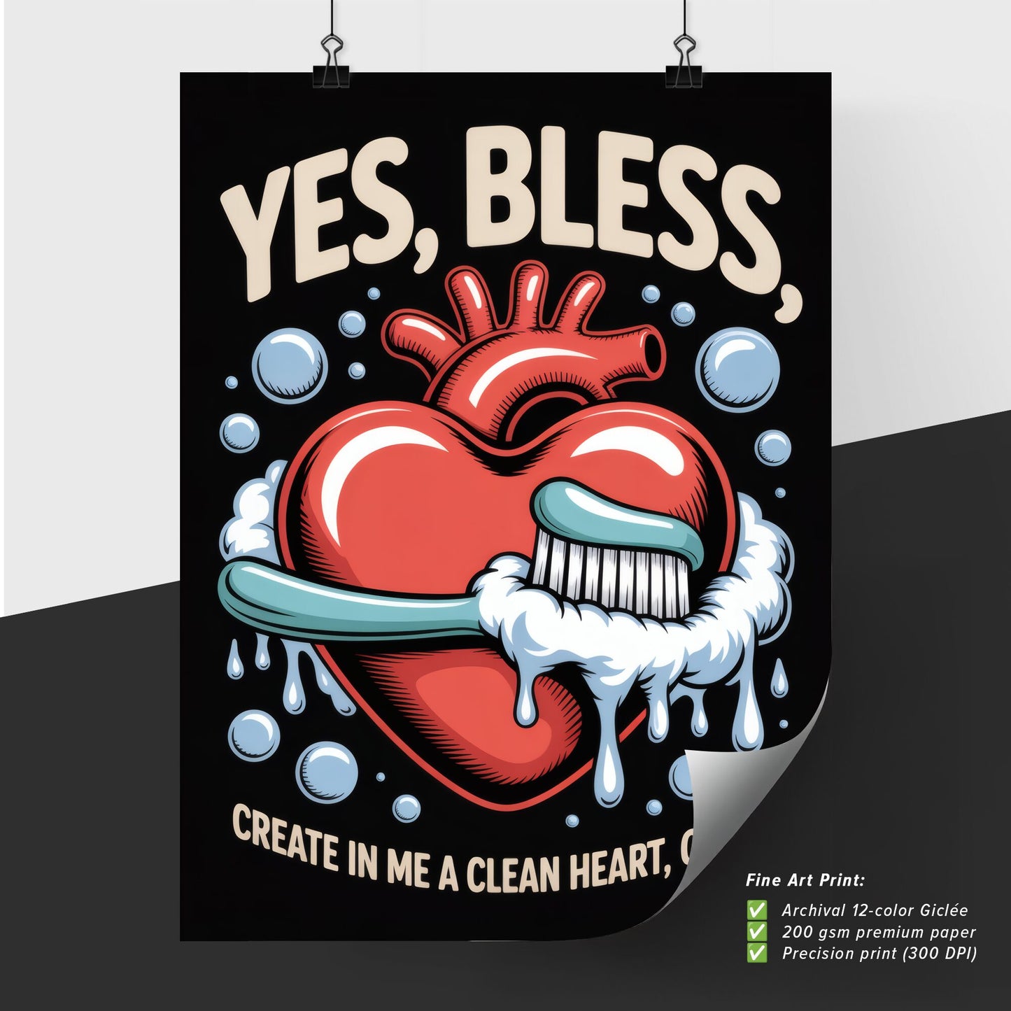 Creative Illustration of a Heart Brushing for Spiritual Renewal with Playful Typography and Bubbles.