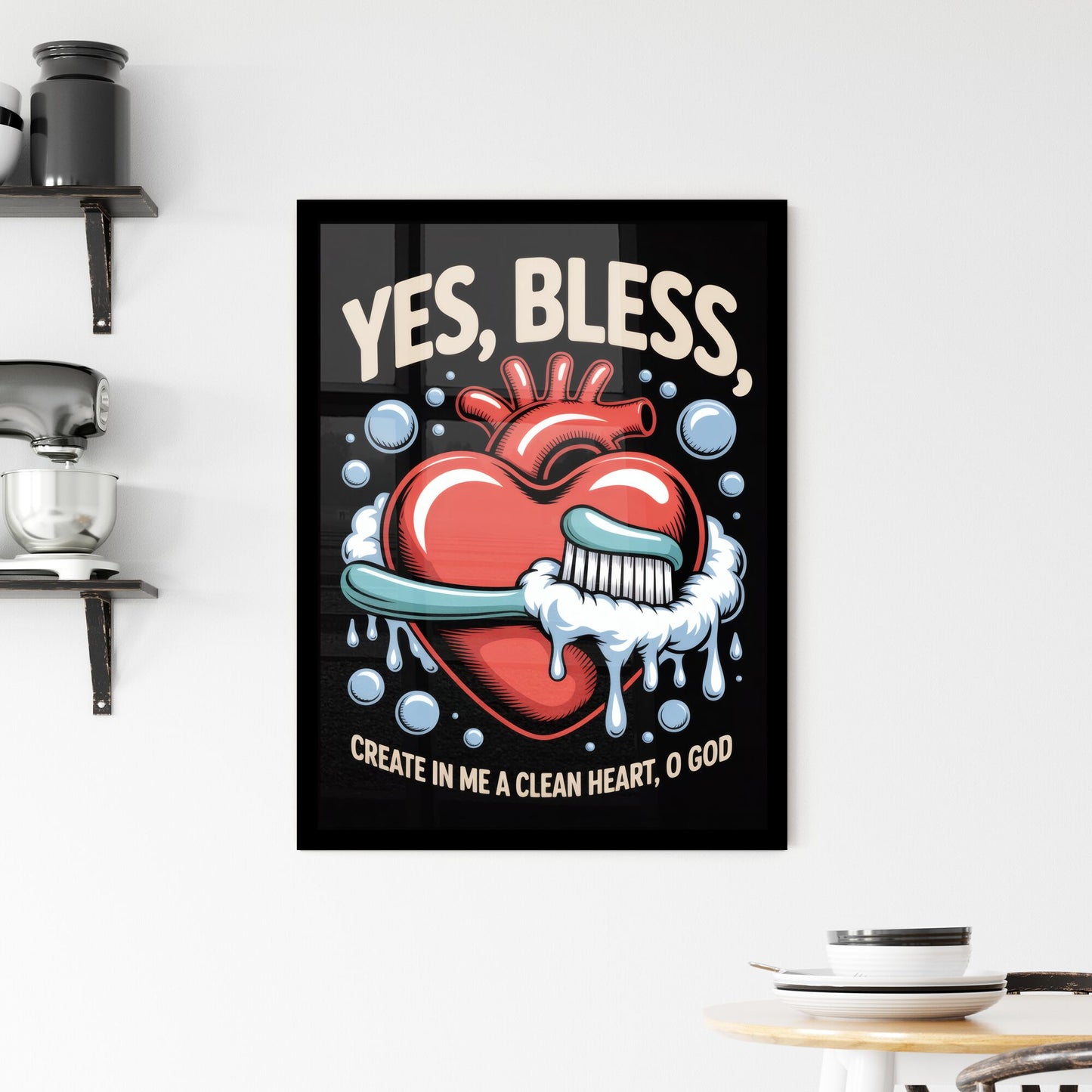 Creative Illustration of a Heart Brushing for Spiritual Renewal with Playful Typography and Bubbles. Framed Print