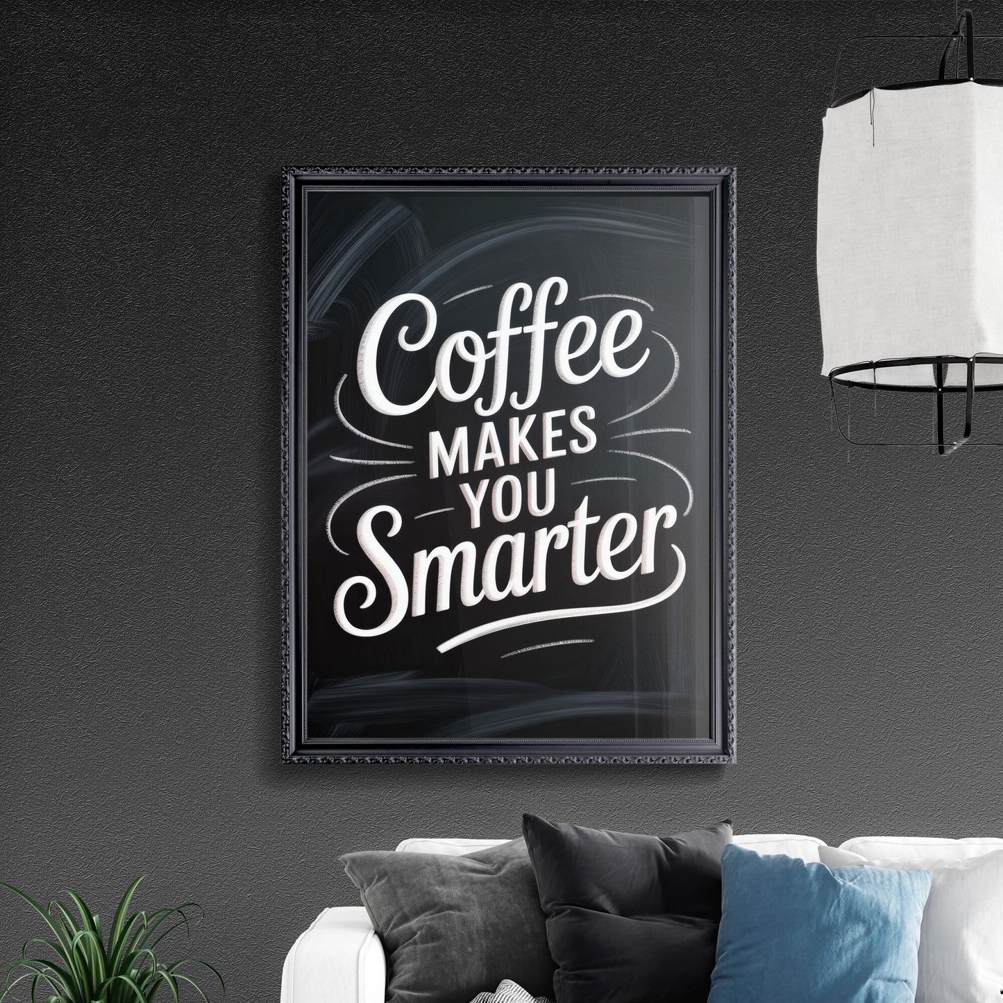 Creative Coffee Quote: 'Coffee Makes You Smarter' on a Chalkboard Background, Perfect for Cafés and Coffee Lovers.