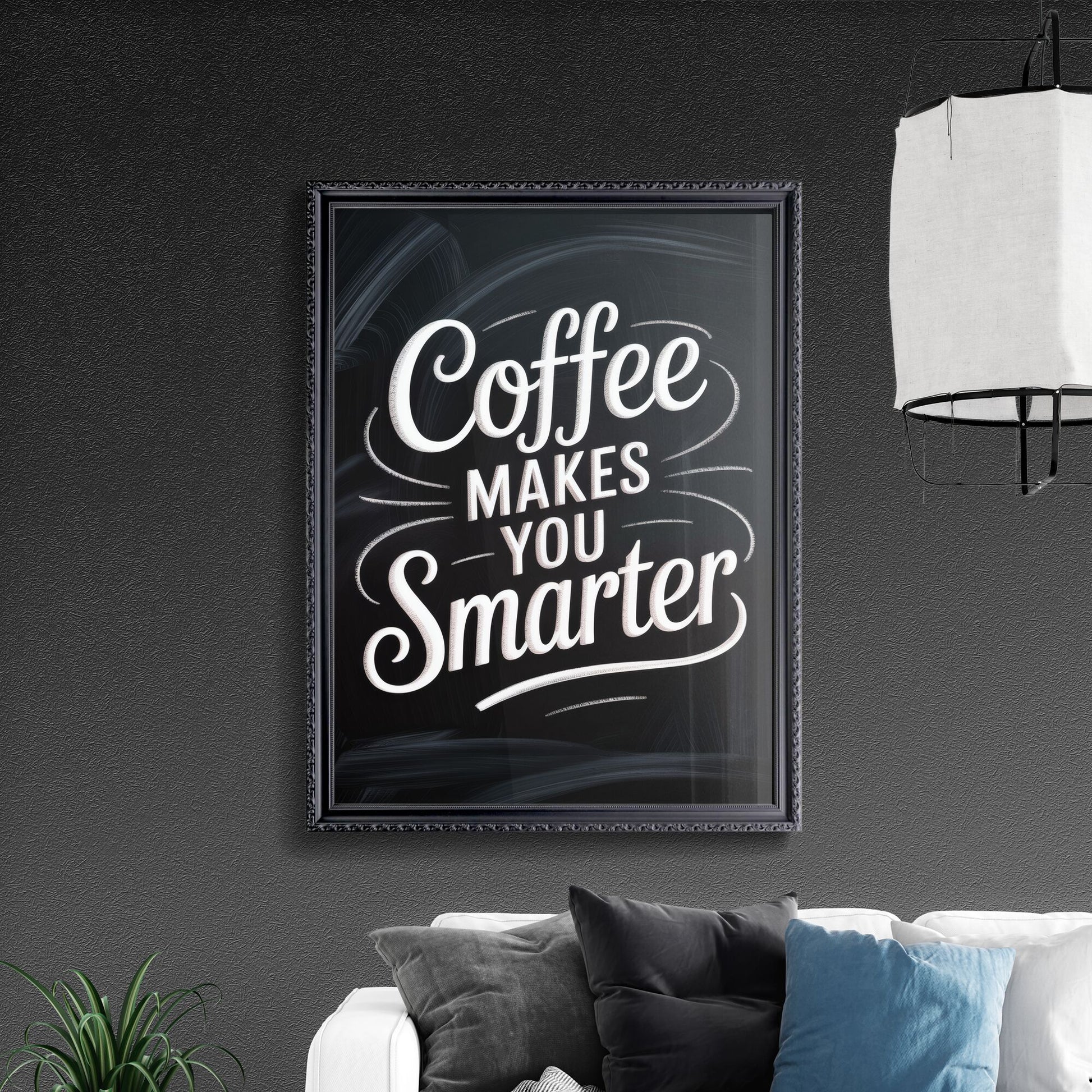 Creative Coffee Quote: 'Coffee Makes You Smarter' on a Chalkboard Background, Perfect for Cafés and Coffee Lovers.