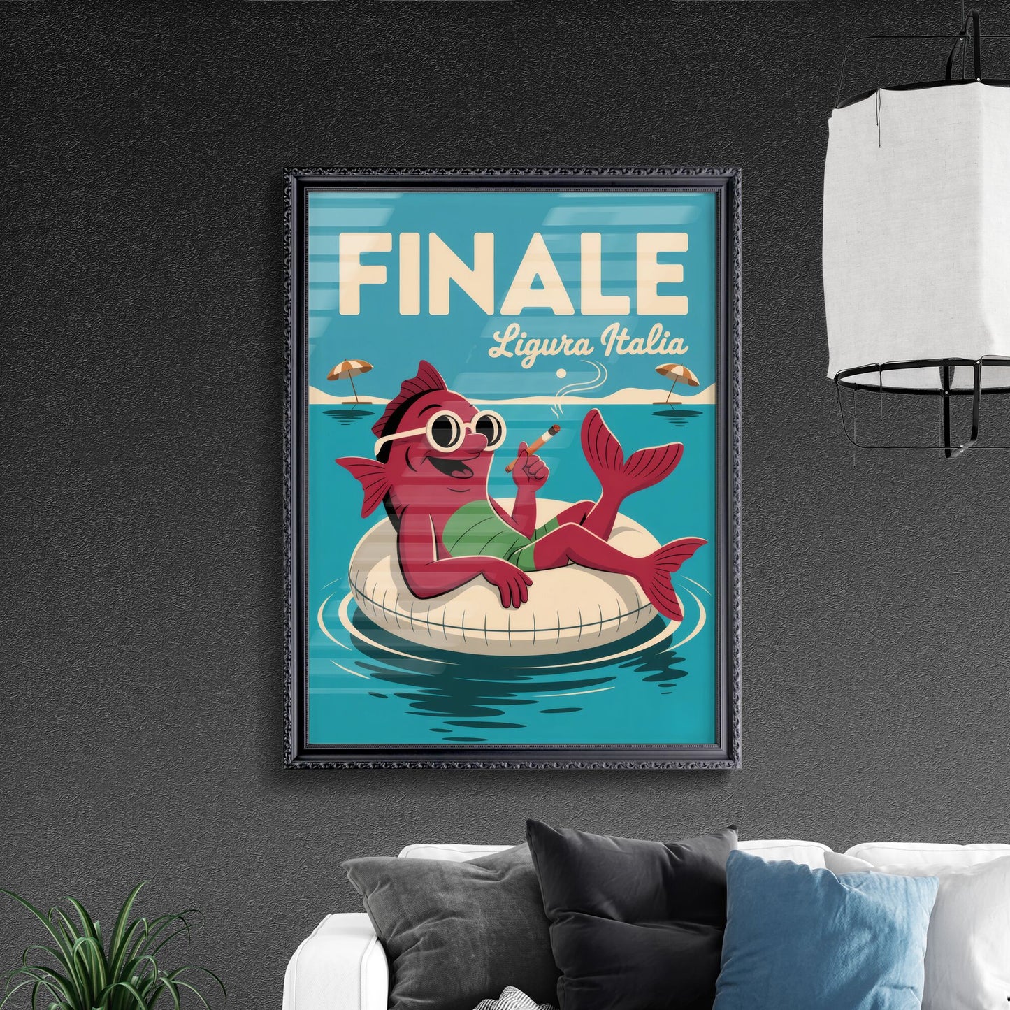 Playful Cartoon Fish Relaxing on Inflatable Float in Sunny Mediterranean Setting - Finale, Liguria, Italy.