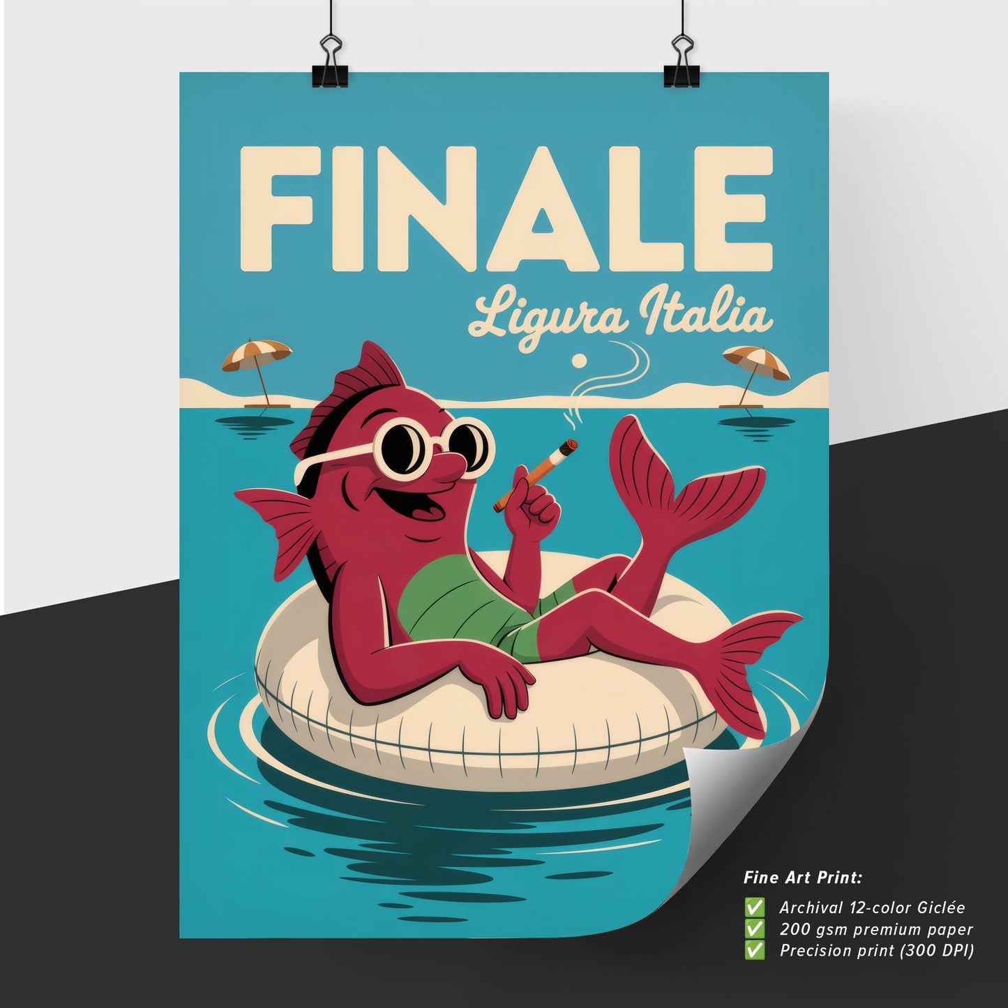 Playful Cartoon Fish Relaxing on Inflatable Float in Sunny Mediterranean Setting - Finale, Liguria, Italy.