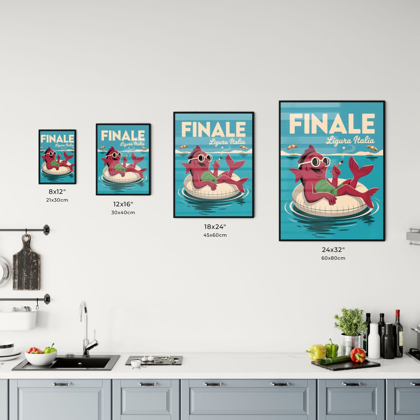 Playful Cartoon Fish Relaxing on Inflatable Float in Sunny Mediterranean Setting - Finale, Liguria, Italy. Chart