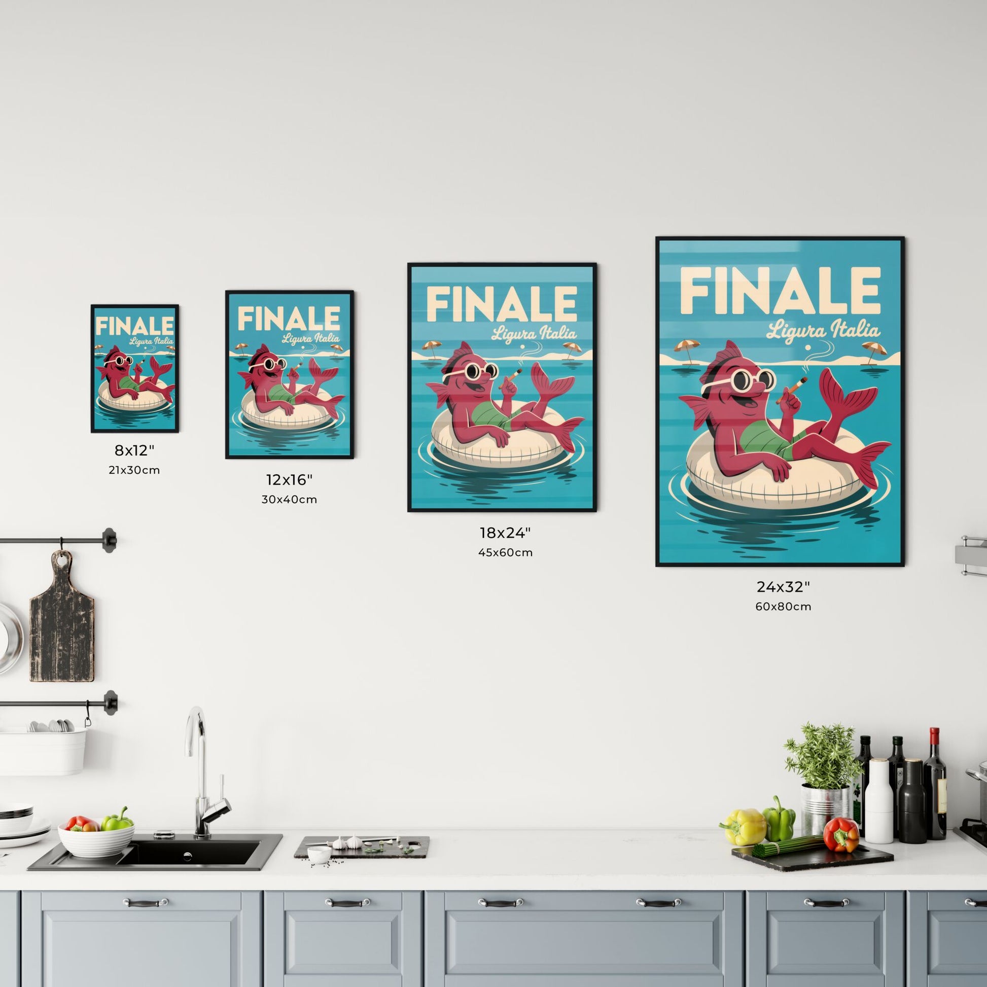 Playful Cartoon Fish Relaxing on Inflatable Float in Sunny Mediterranean Setting - Finale, Liguria, Italy. Chart