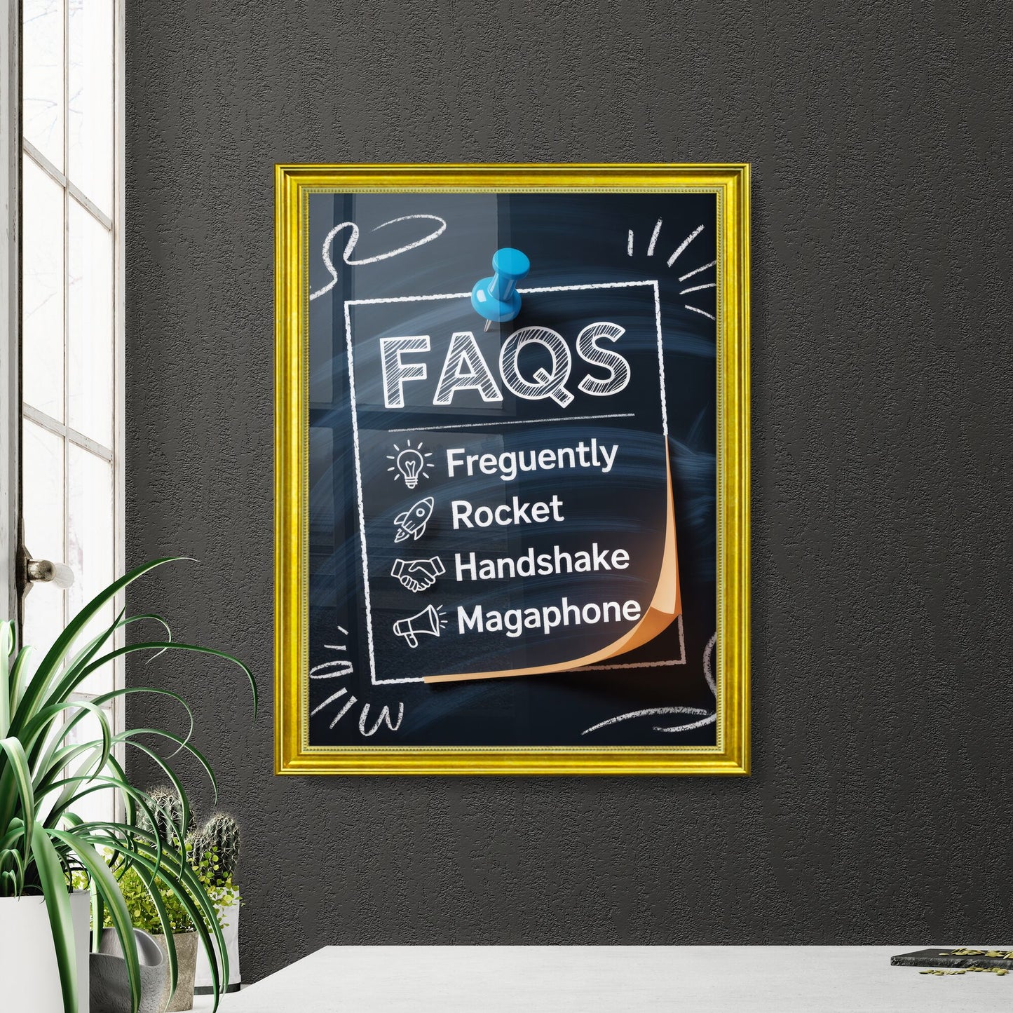 Creative FAQ Concept with Icons: Light Bulb, Rocket, Handshake, and Megaphone on Chalkboard Background.
