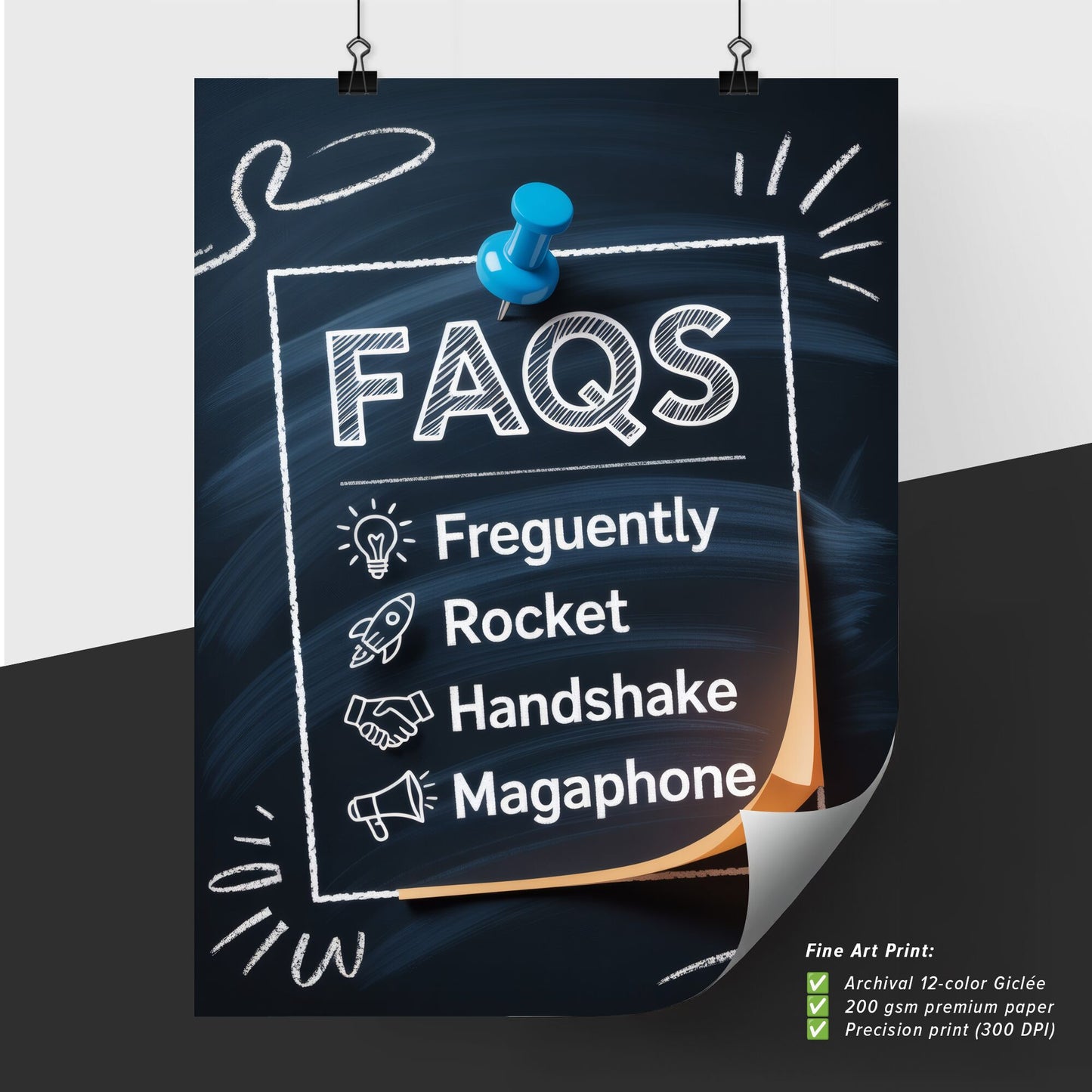 Creative FAQ Concept with Icons: Light Bulb, Rocket, Handshake, and Megaphone on Chalkboard Background.