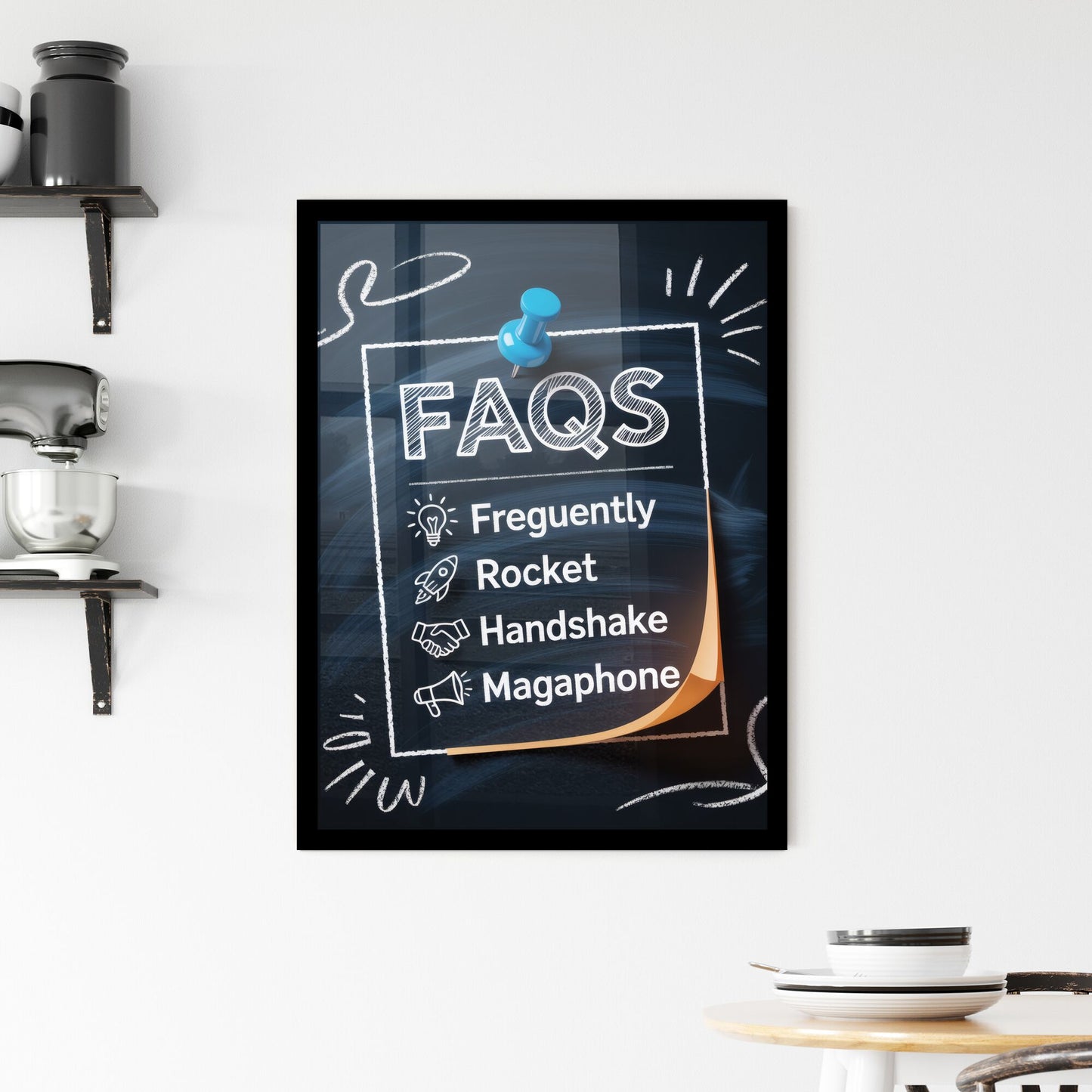Creative FAQ Concept with Icons: Light Bulb, Rocket, Handshake, and Megaphone on Chalkboard Background. Framed Print