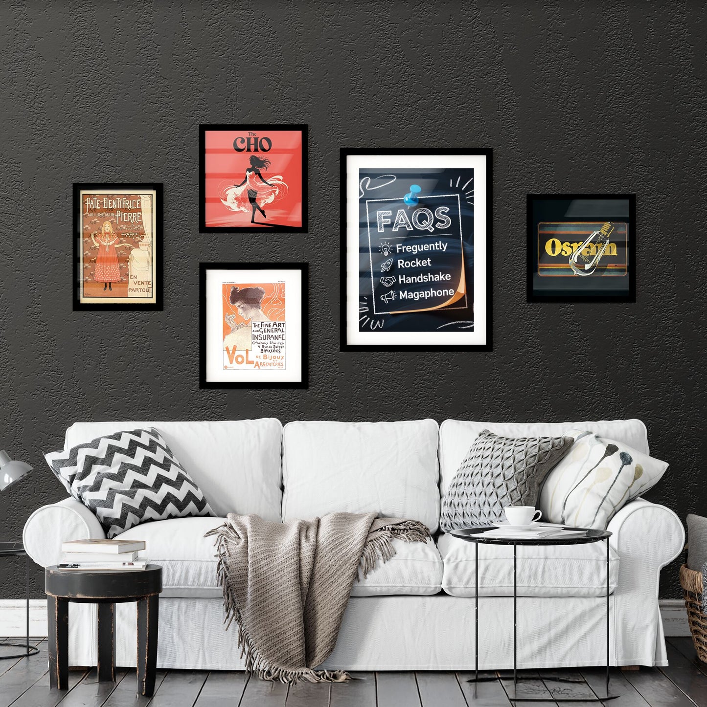 Creative FAQ Concept with Icons: Light Bulb, Rocket, Handshake, and Megaphone on Chalkboard Background. Collection