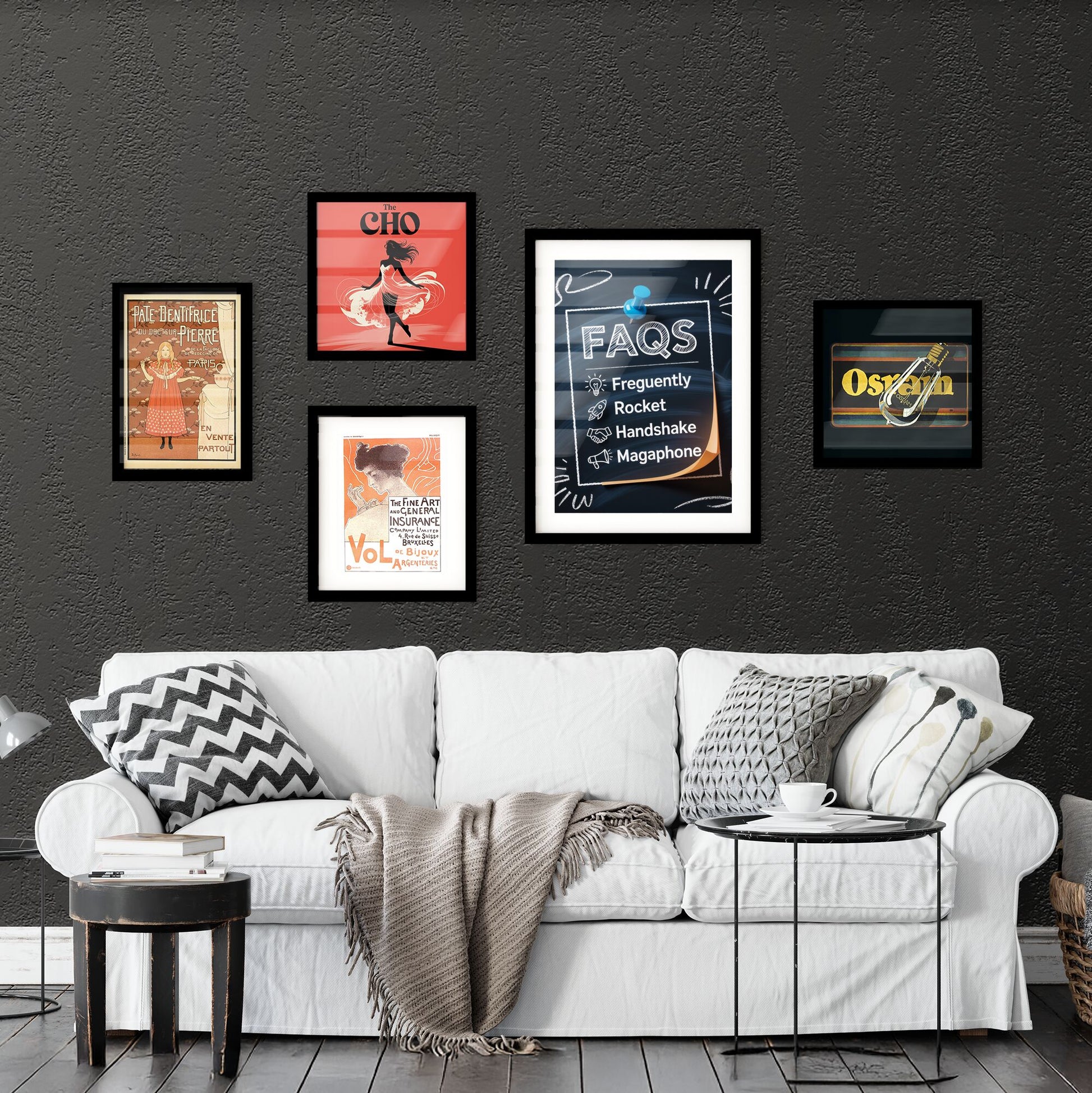 Creative FAQ Concept with Icons: Light Bulb, Rocket, Handshake, and Megaphone on Chalkboard Background. Collection