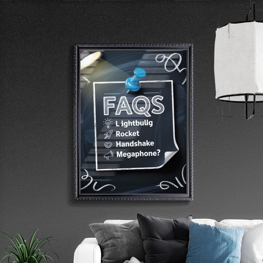 Creative FAQs Board with Lightbulb, Rocket, Handshake, and Megaphone Icons on Chalkboard Background.
