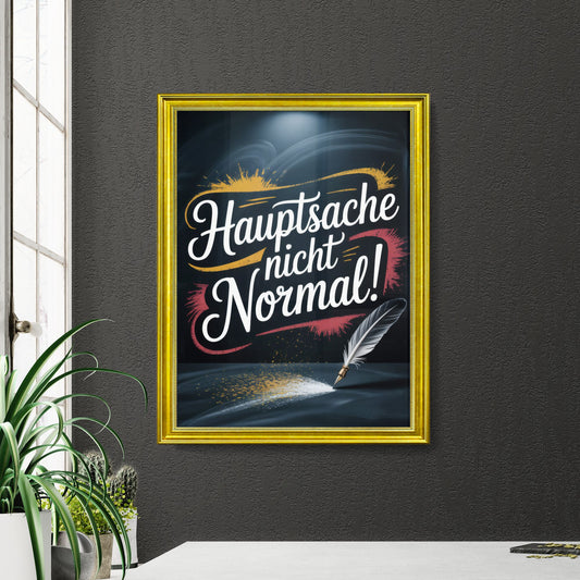 Creative Inspirational Phrase: 'Hauptsache nicht Normal!' Featuring Quill and Artistic Background.