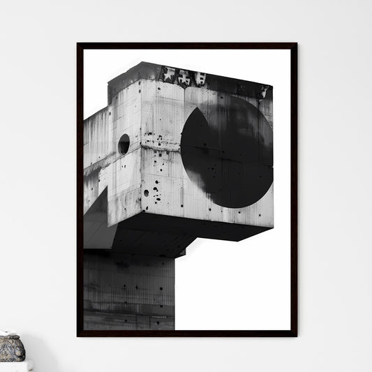 Painting: Russian brutalist architecture posters for exhibition with concrete structure, black circle and arrow Framed Art