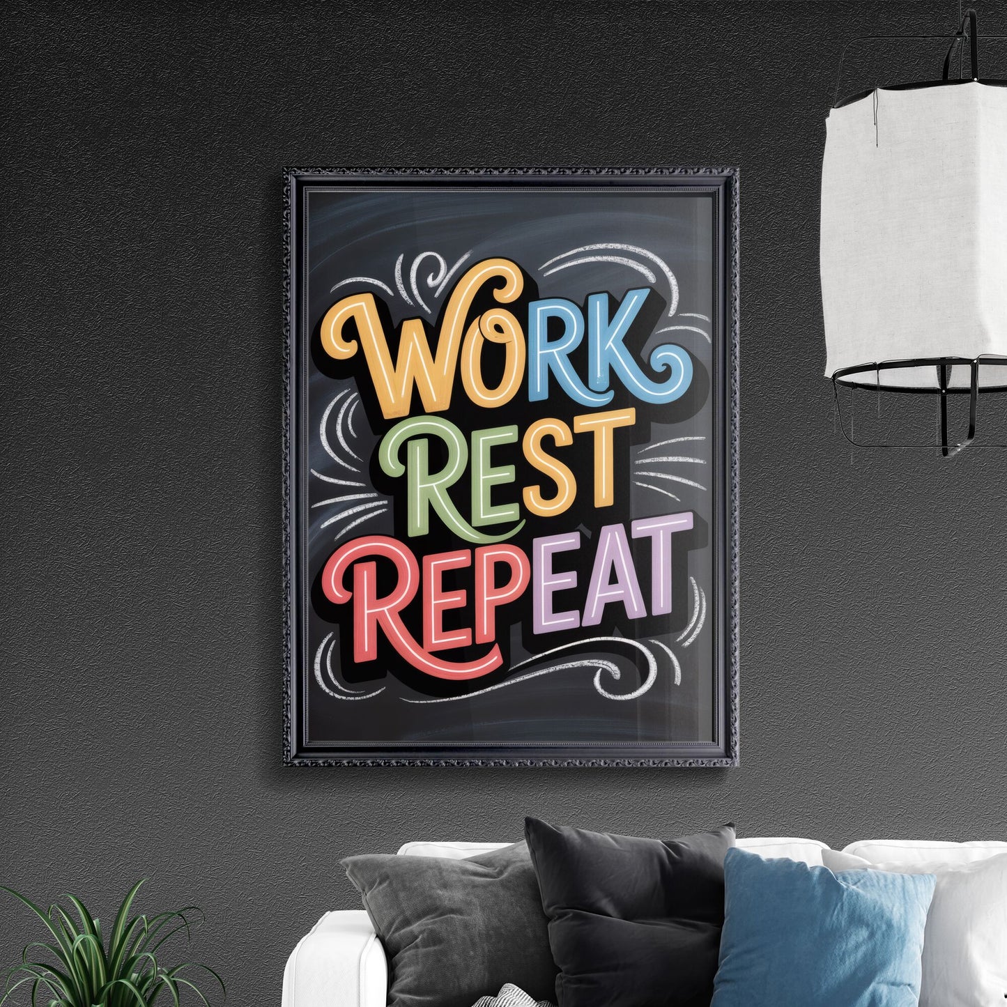 Creative Typography: 'Work Rest Repeat' Inspirational Quote on Chalkboard Background