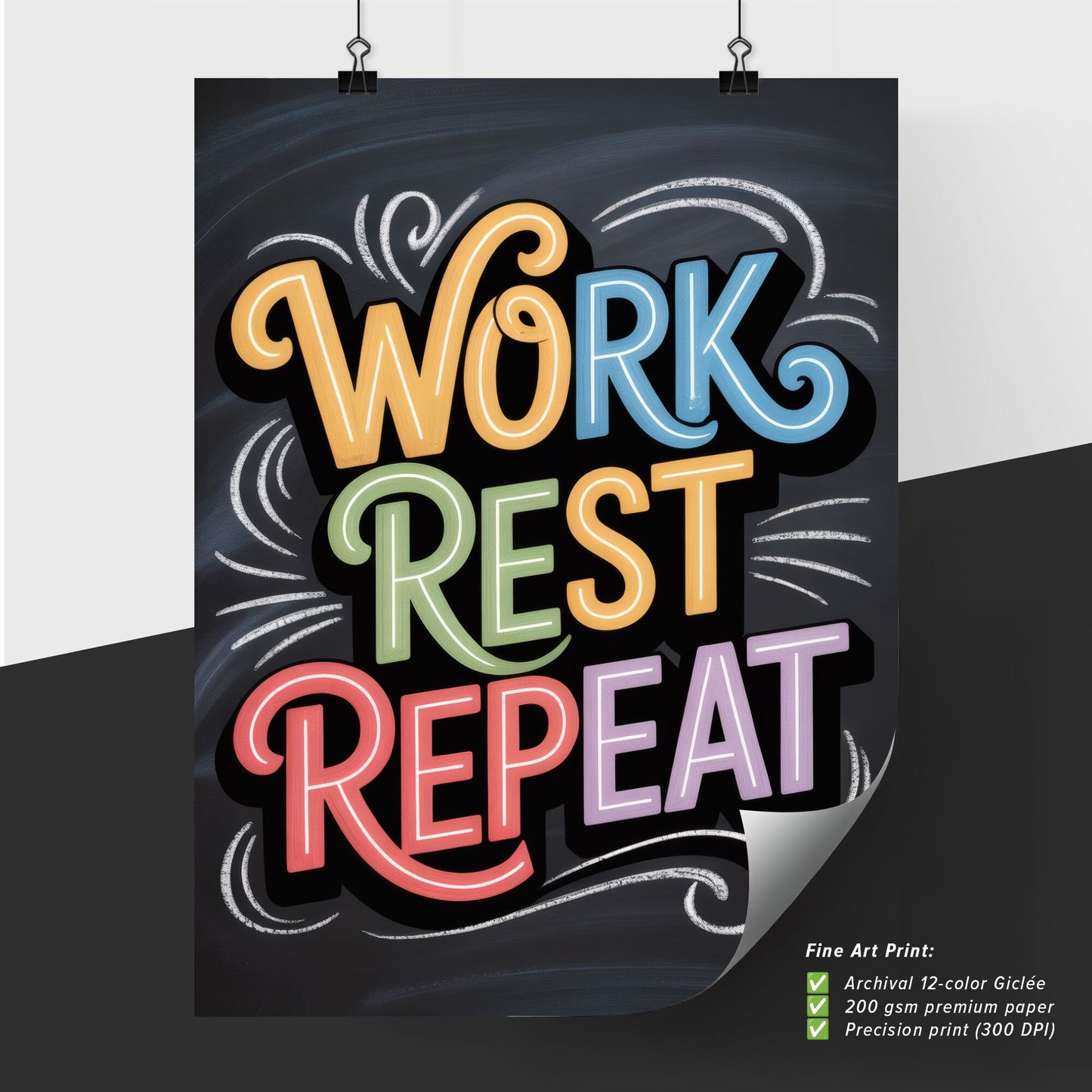 Creative Typography: 'Work Rest Repeat' Inspirational Quote on Chalkboard Background