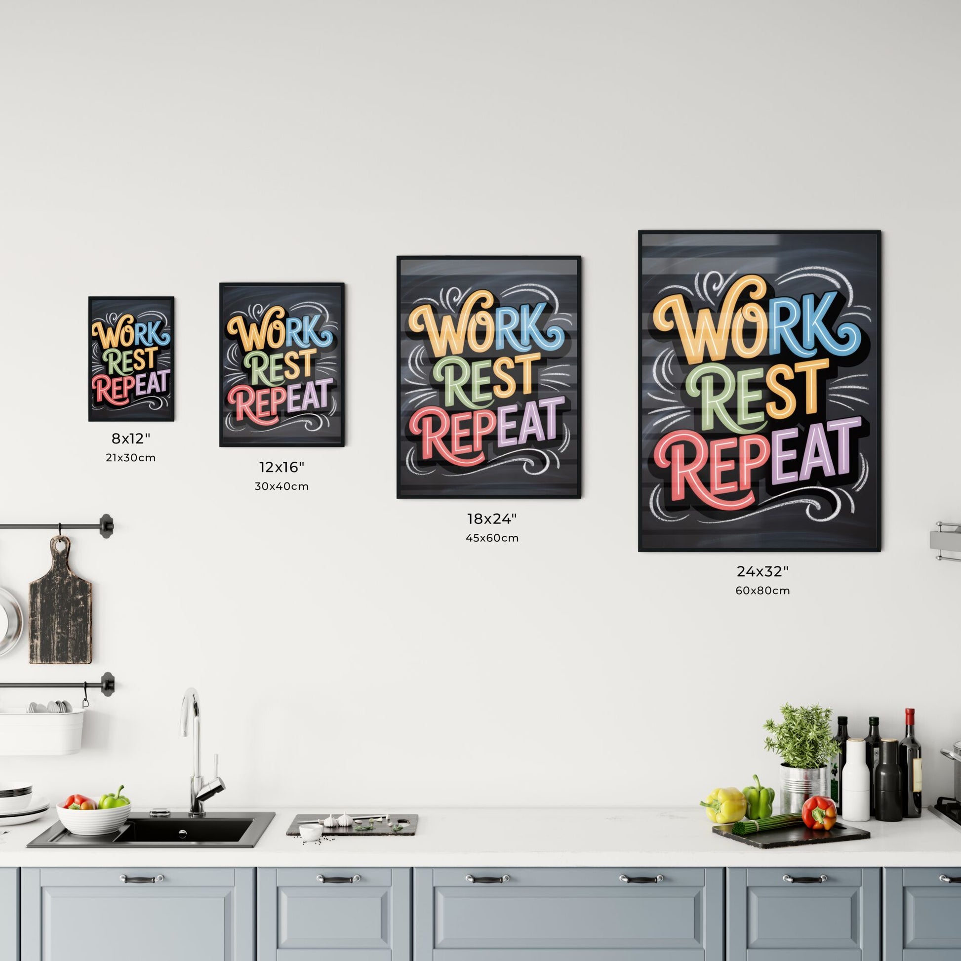 Creative Typography: 'Work Rest Repeat' Inspirational Quote on Chalkboard Background Chart