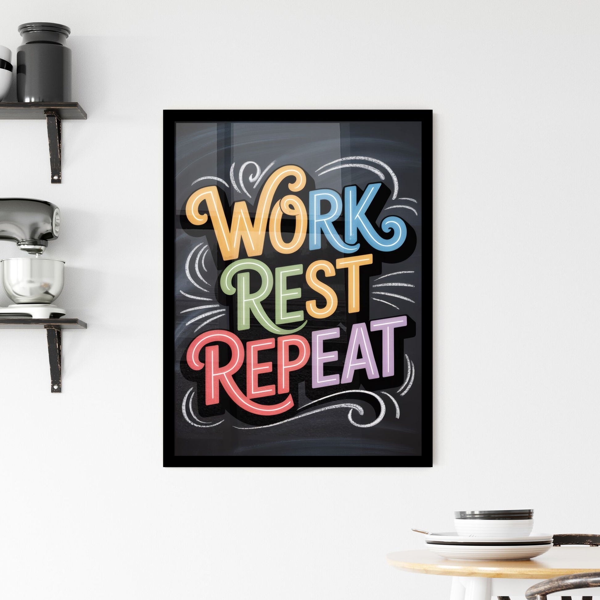 Creative Typography: 'Work Rest Repeat' Inspirational Quote on Chalkboard Background Framed Print