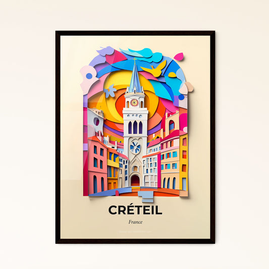 Vivid Créteil, France - a paper cut of a church tower with a clock