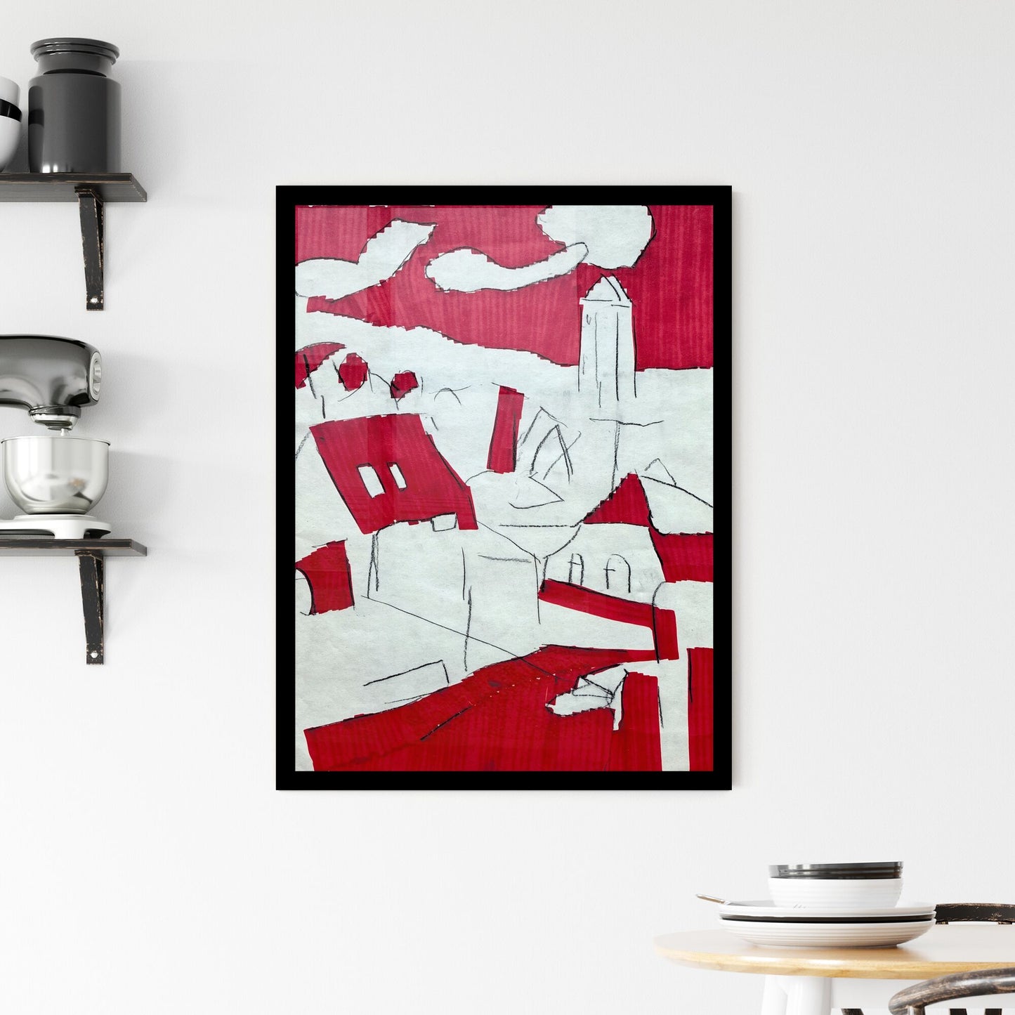 Crimson Dreams: Urban Landscapes in Abstract Form and Line Framed Print