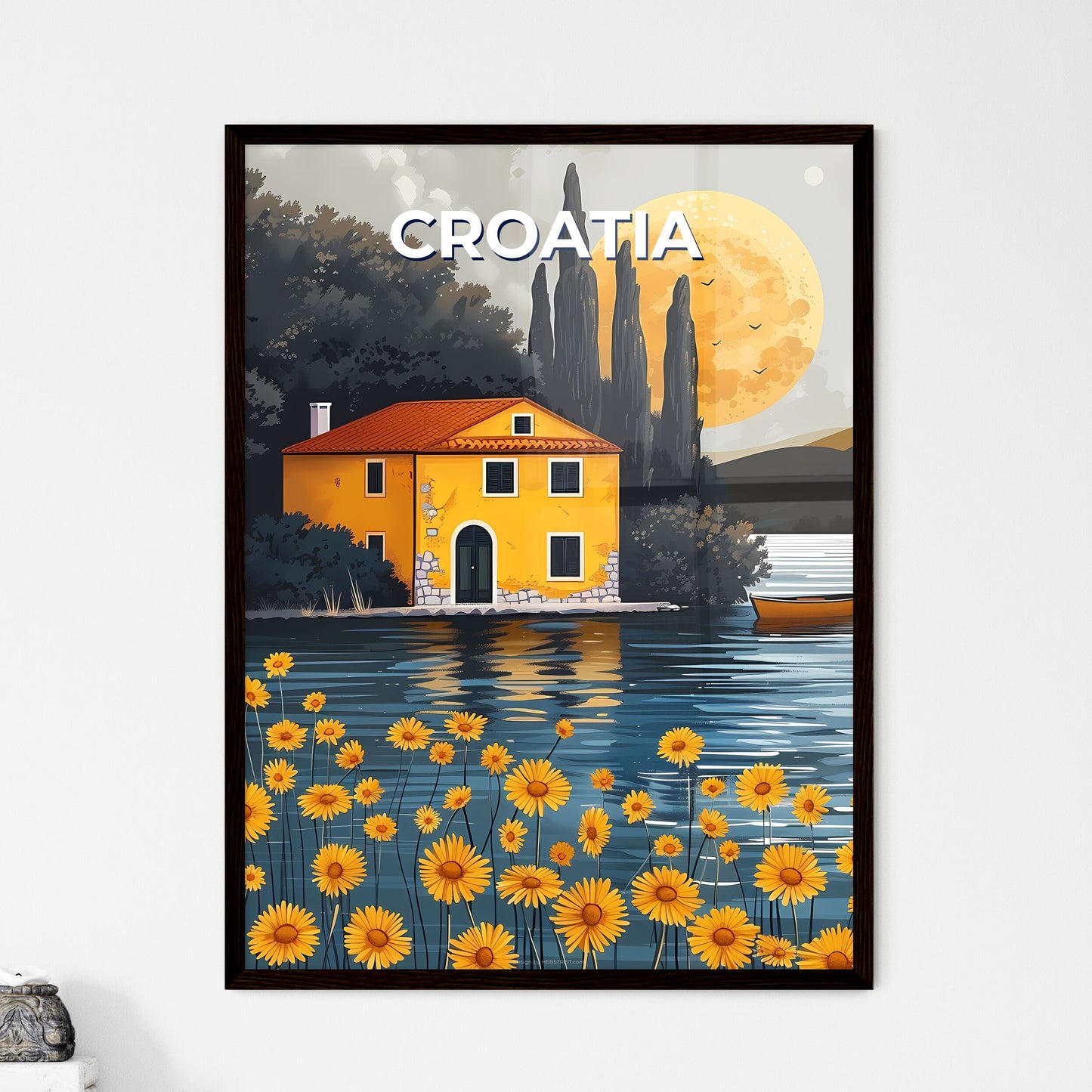 Vibrant Painting of a Yellow House by a Lake in Croatia, Europe, with Boat and Trees