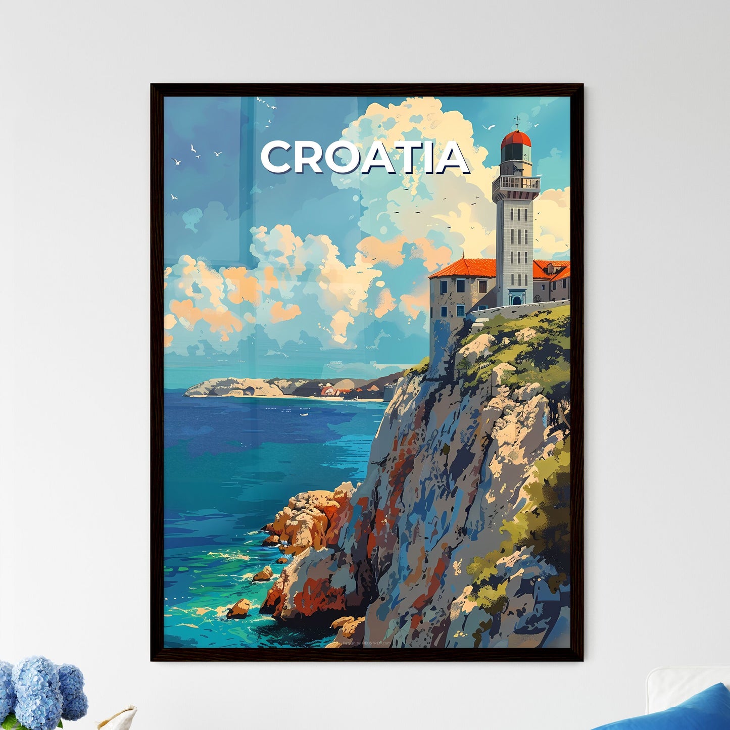 Croatia Landscape Art, Vibrant Ocean Cliff Painting, Europe Travel Photography