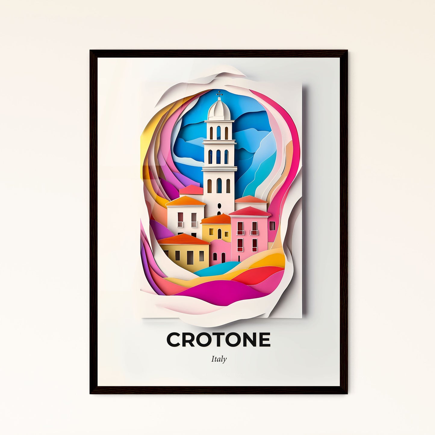 Vivid Crotone, Italy - a paper cut of a church tower with a rainbow swirl