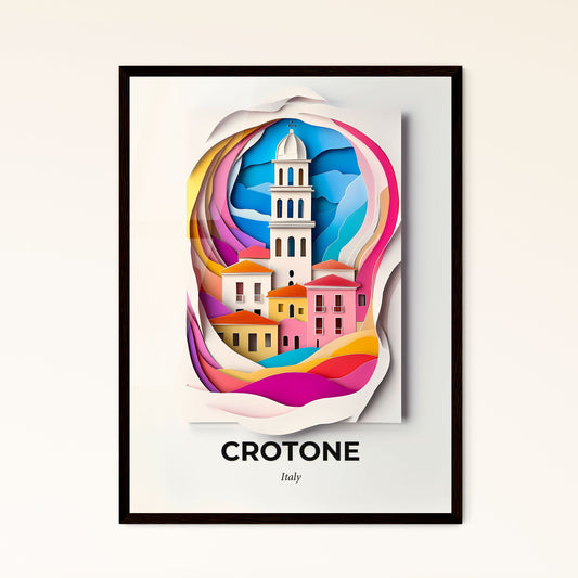 Vivid Crotone, Italy - a paper cut of a church tower with a rainbow swirl