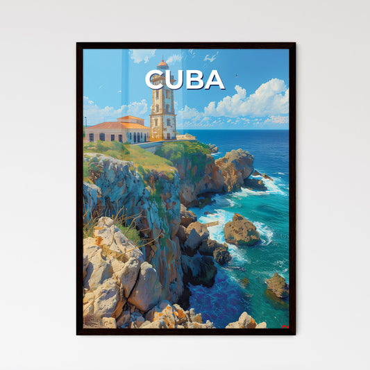 Vibrant Cuban Lighthouse Painting: Artistic Ocean Cliff Seascape Art Framed Art