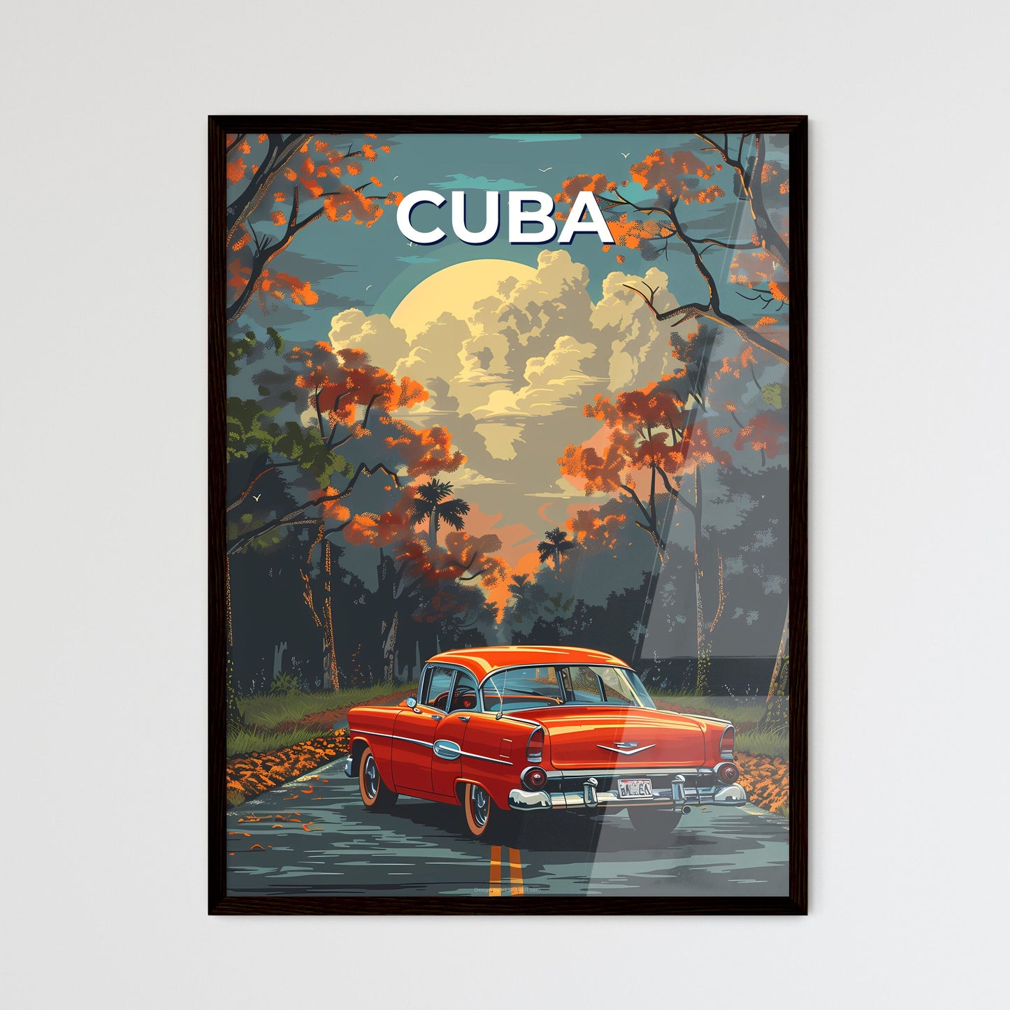 Vibrant Painting of a Red Car on a Road in C - Framed Art Print