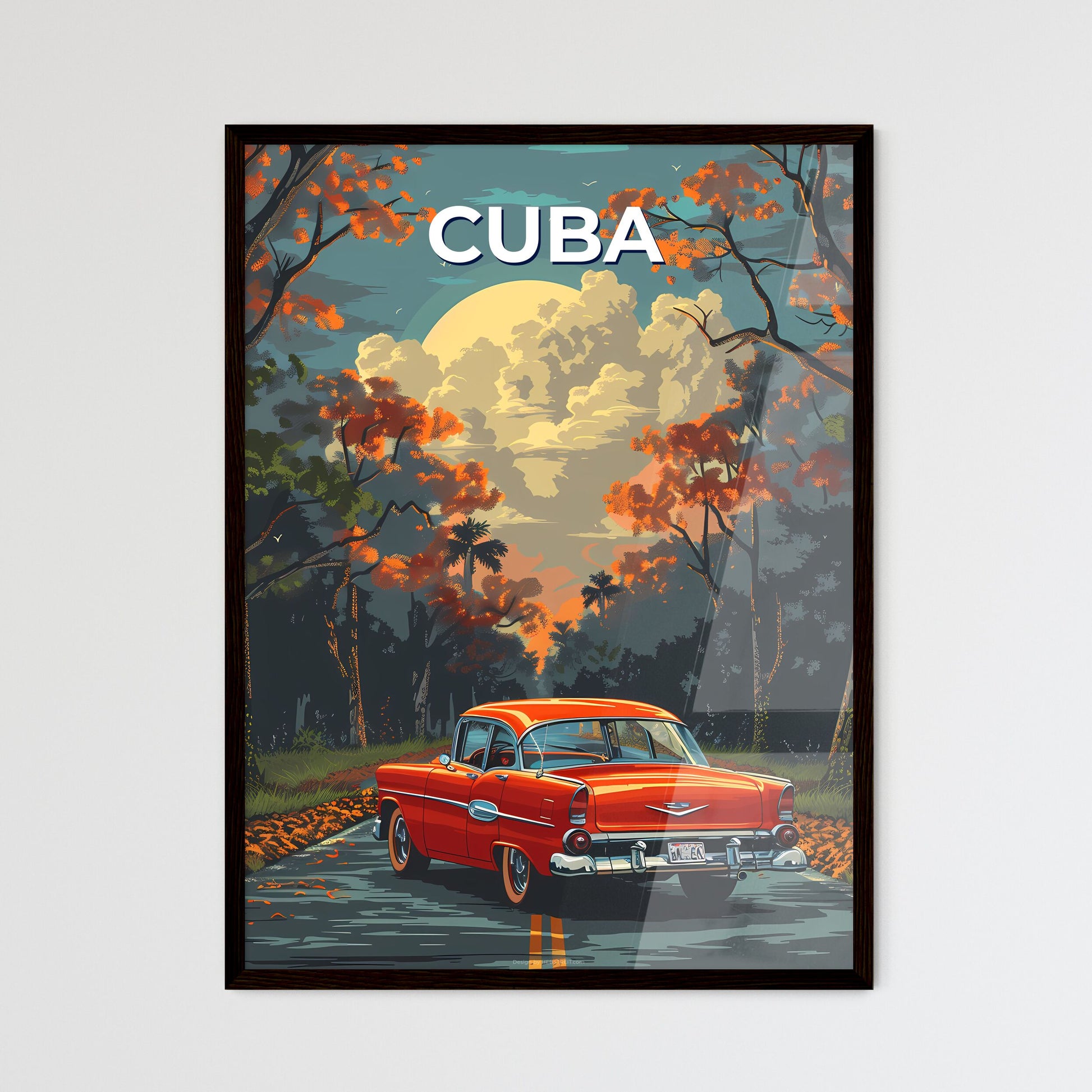 Vibrant Painting of a Red Car on a Road in C - Framed Art Print