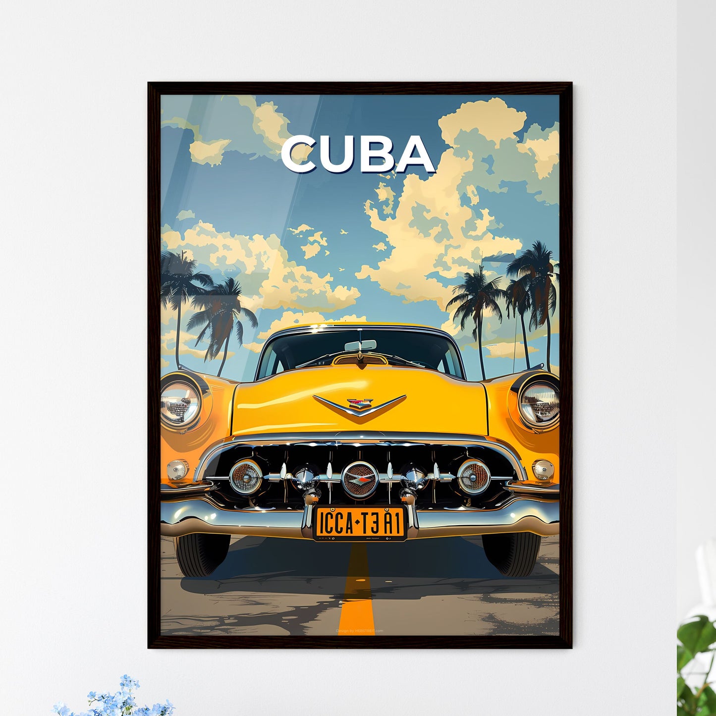Vibrant Cuban Painting of a Yellow Car with  - Framed Art Print