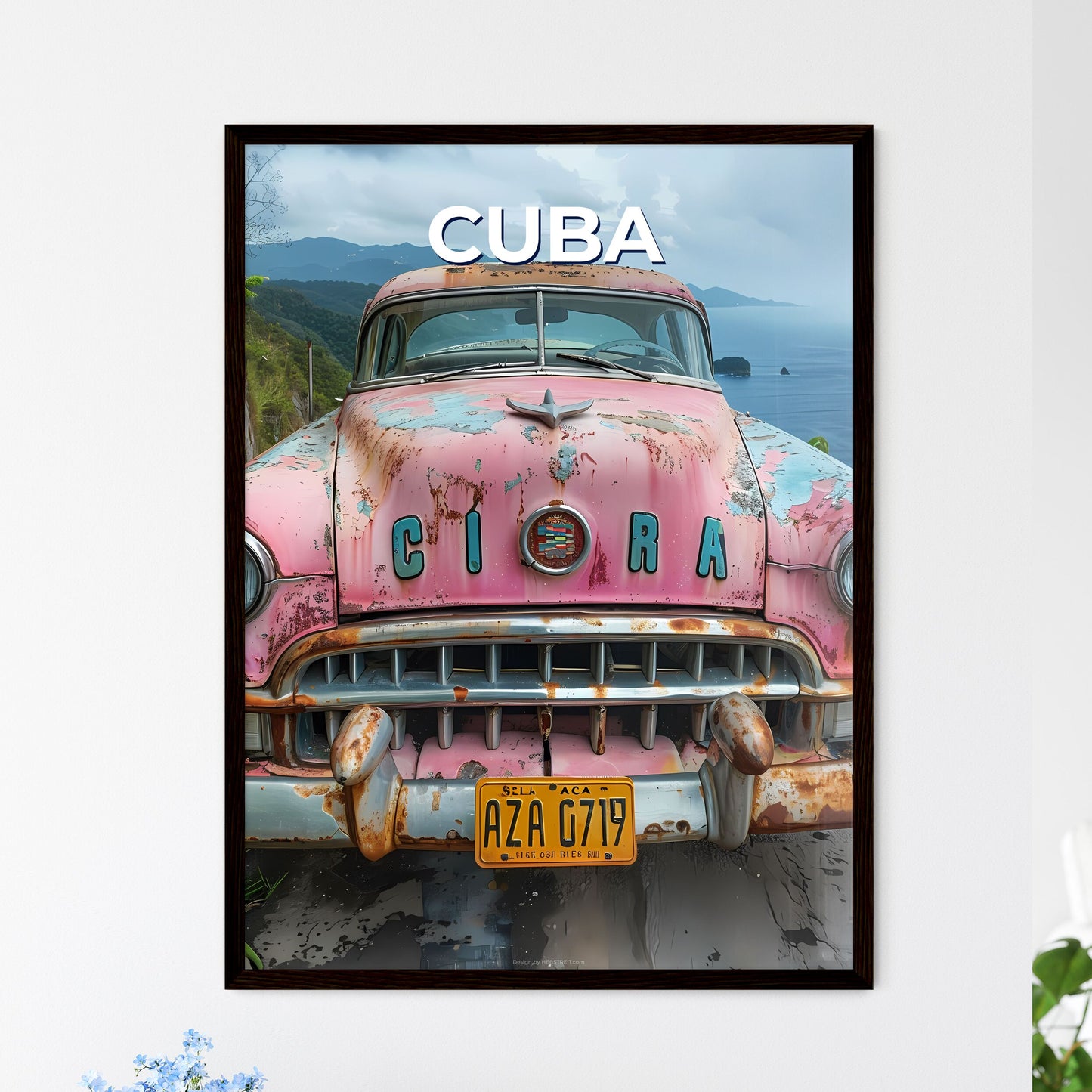 Vibrant Pink Car Painting, Havana, Cuba Waterfront Art