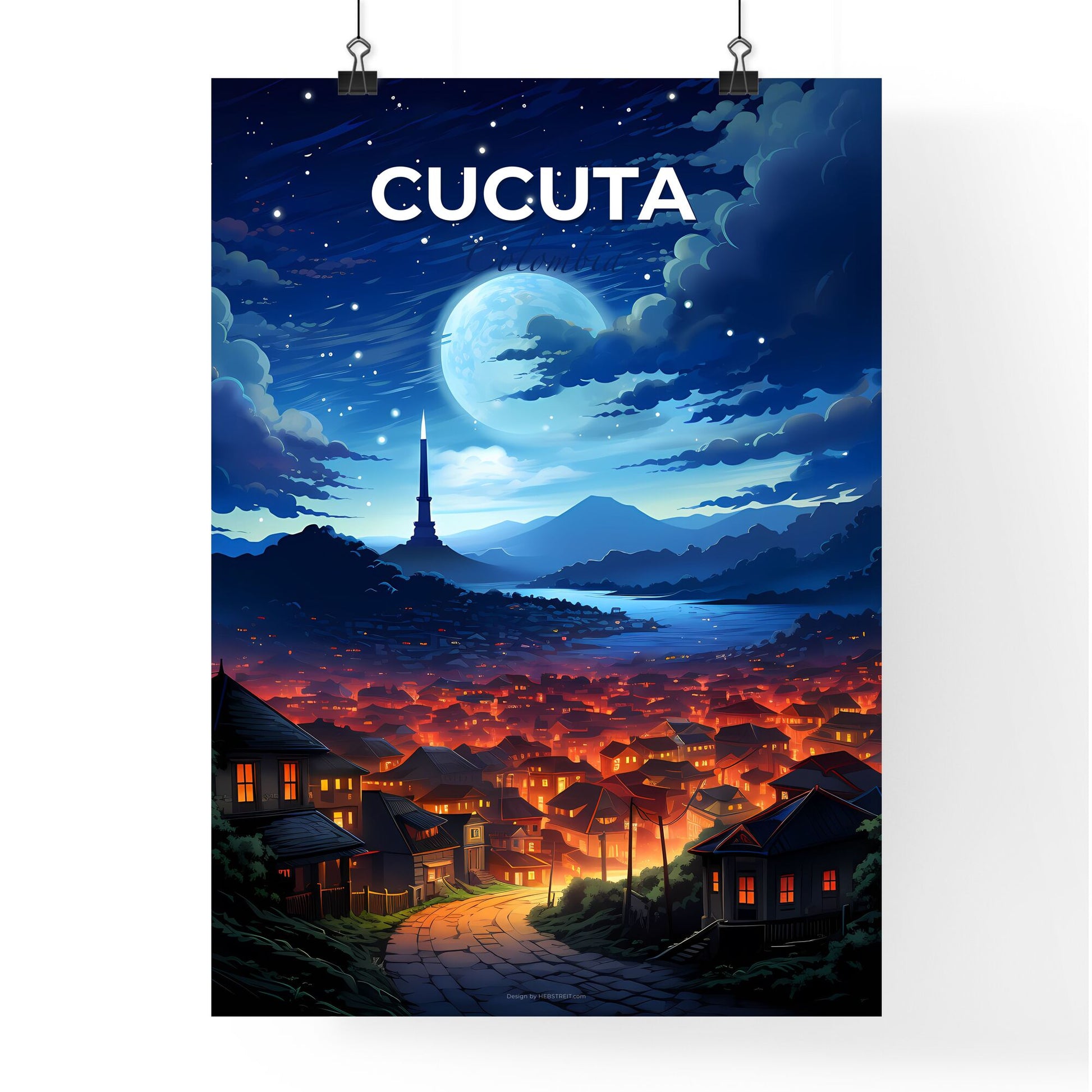 Vibrant Artistic Cityscape Painting: Cucuta, Colombia Skyline with Moon and Tower Default Title